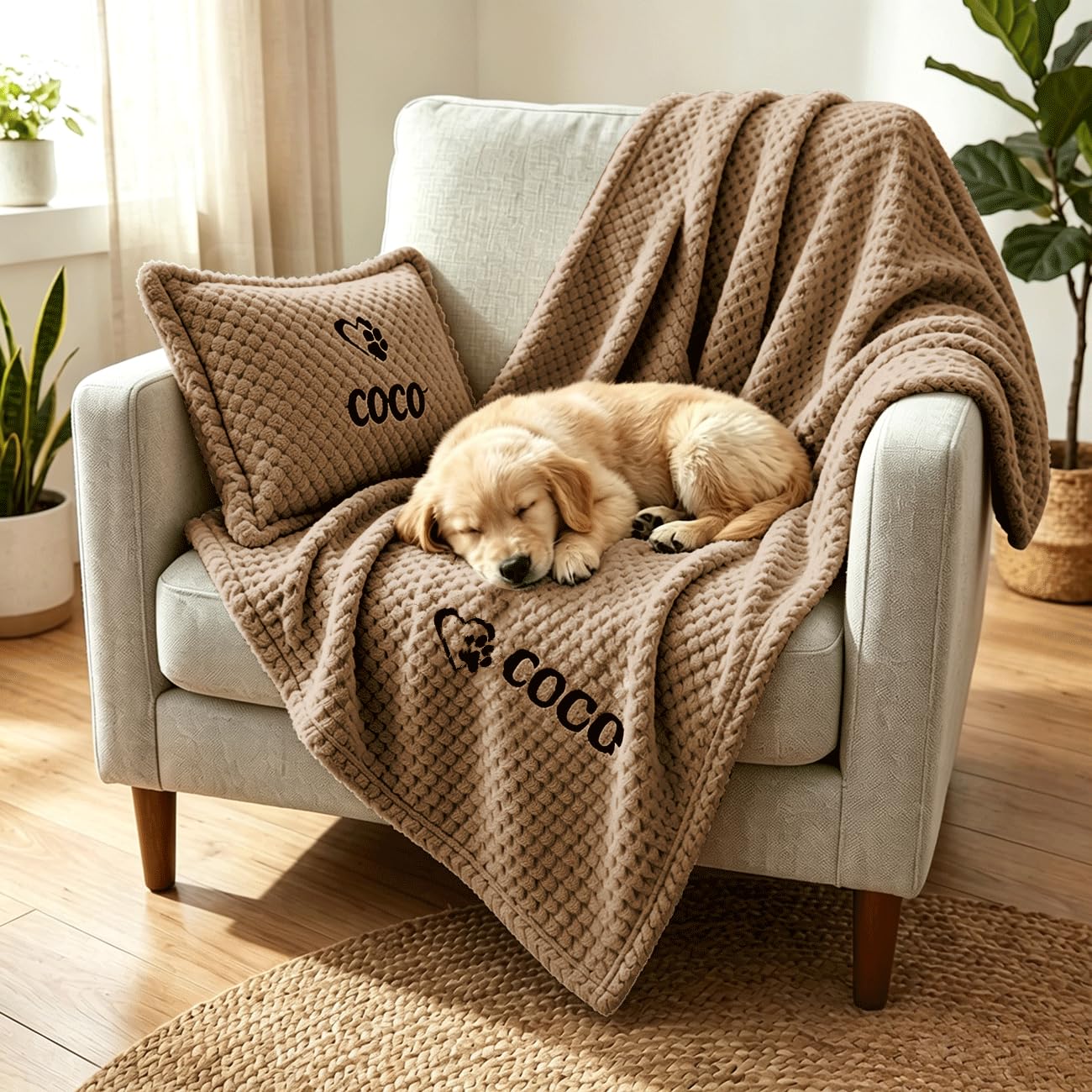 Personalized Pet Blanket and Pillow Set, Embroidered Name Dog Blanket and Cushion Set with Name & Paw Print, Soft Waffle Fleece Blankets and Pillow for Dogs Cats(Coffee)