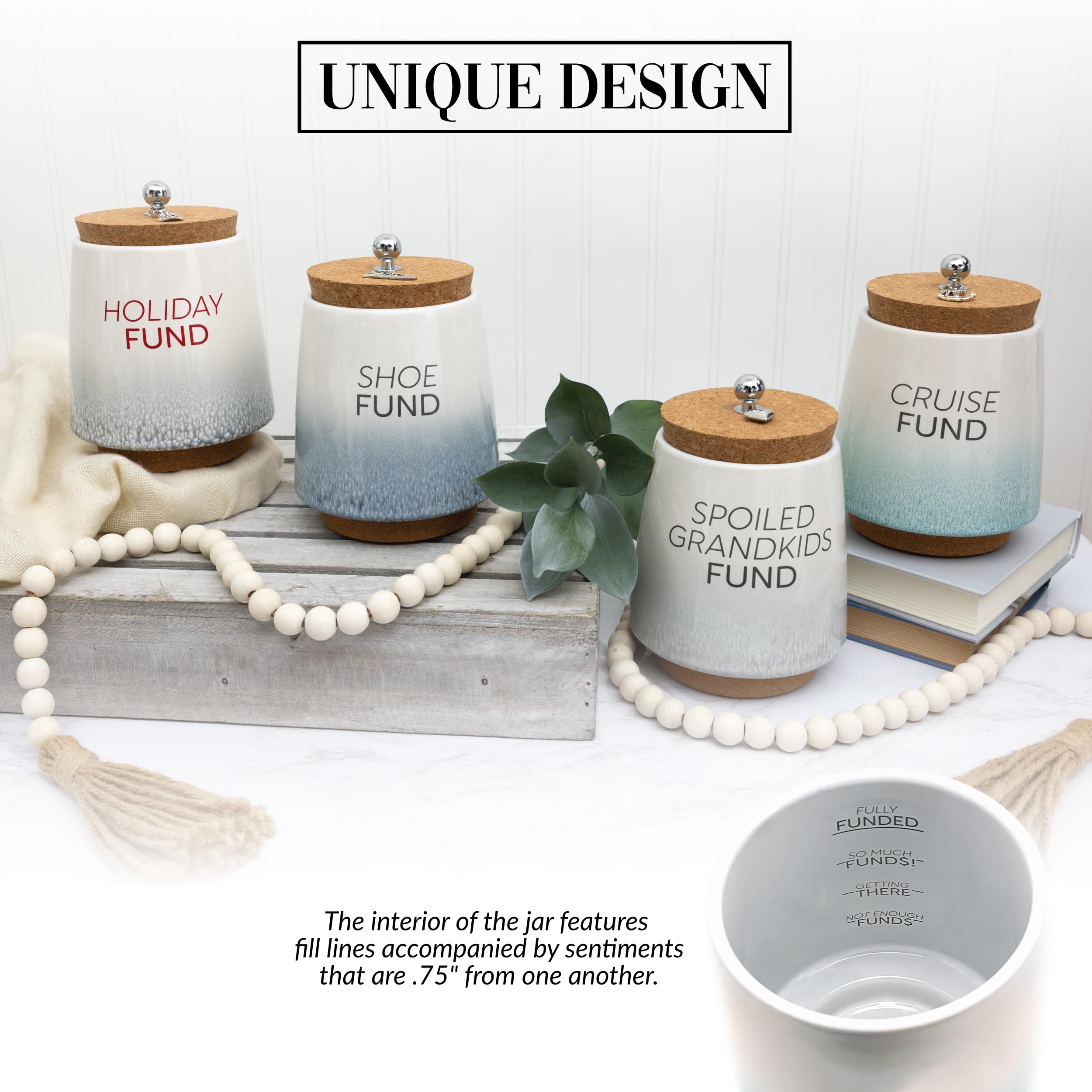 Pavilion - Cruise Fund 6.5-inch Unique Ceramic Piggy Bank Savings Bank Money Jar with Cork Base Cork Lid with Hanging Anchor Charm, Ombre Teal
