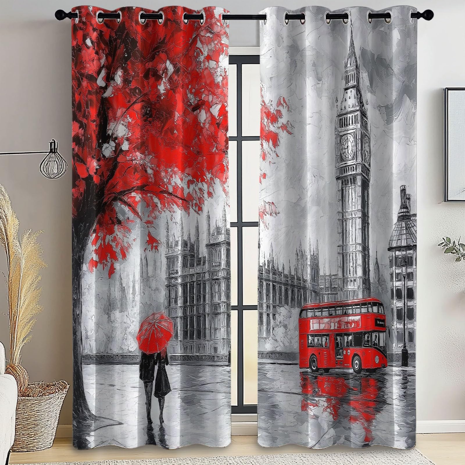 Zasłona zaciemniająca do budynku miejskiego autobusu czerwono-szara szer. 117 cm x dł. 229 cm (2 panele) zasłony zaciemniające do pokoju, energooszczędny nadruk, miękkie zasłony zaciemniające z