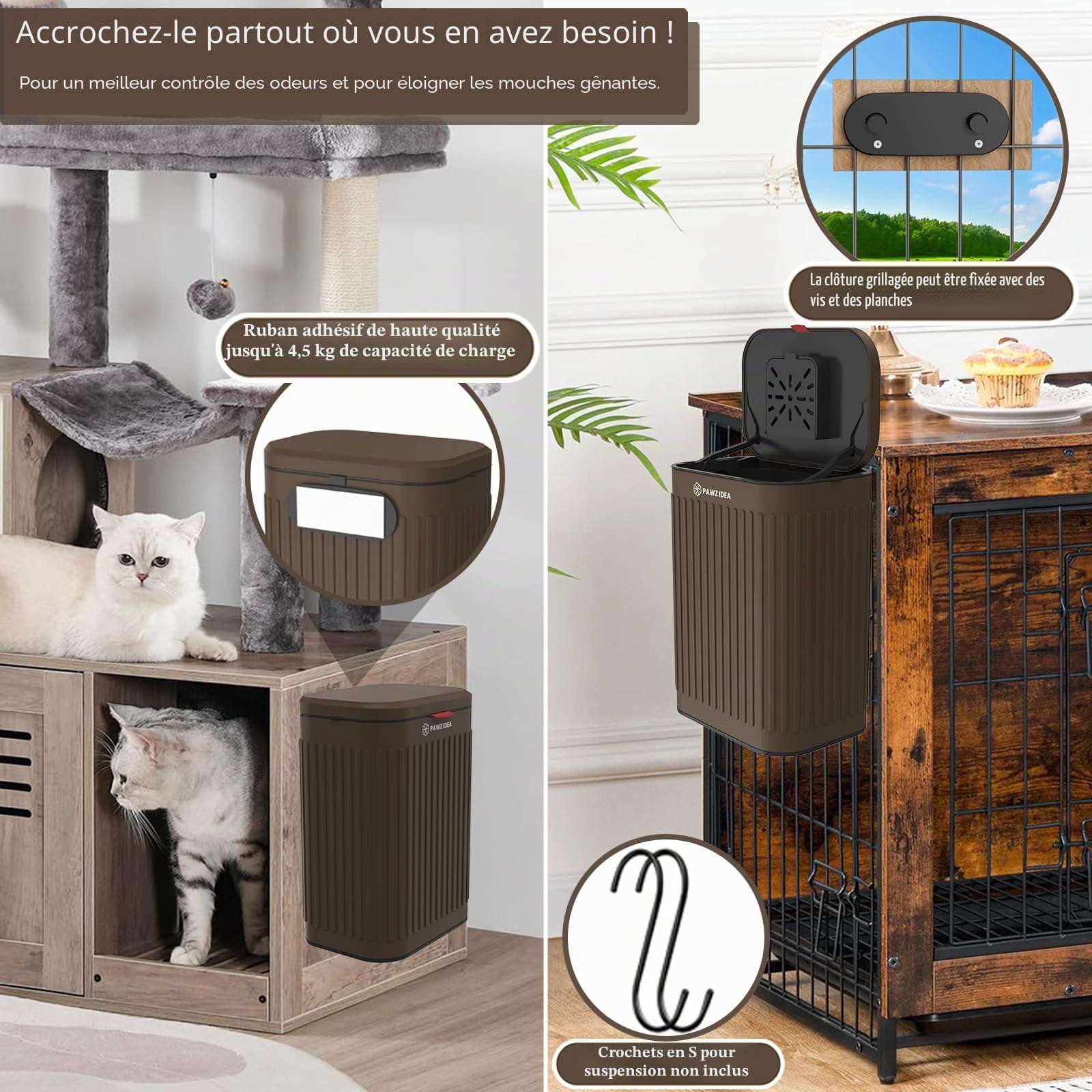 PAWZIDEA Poubelle à déjections canines à fixation murale extérieure, poubelle à déjections canines avec couvercle, à suspendre sur une clôture, des ordures, à l'extérieur, en métal, petite poubelle
