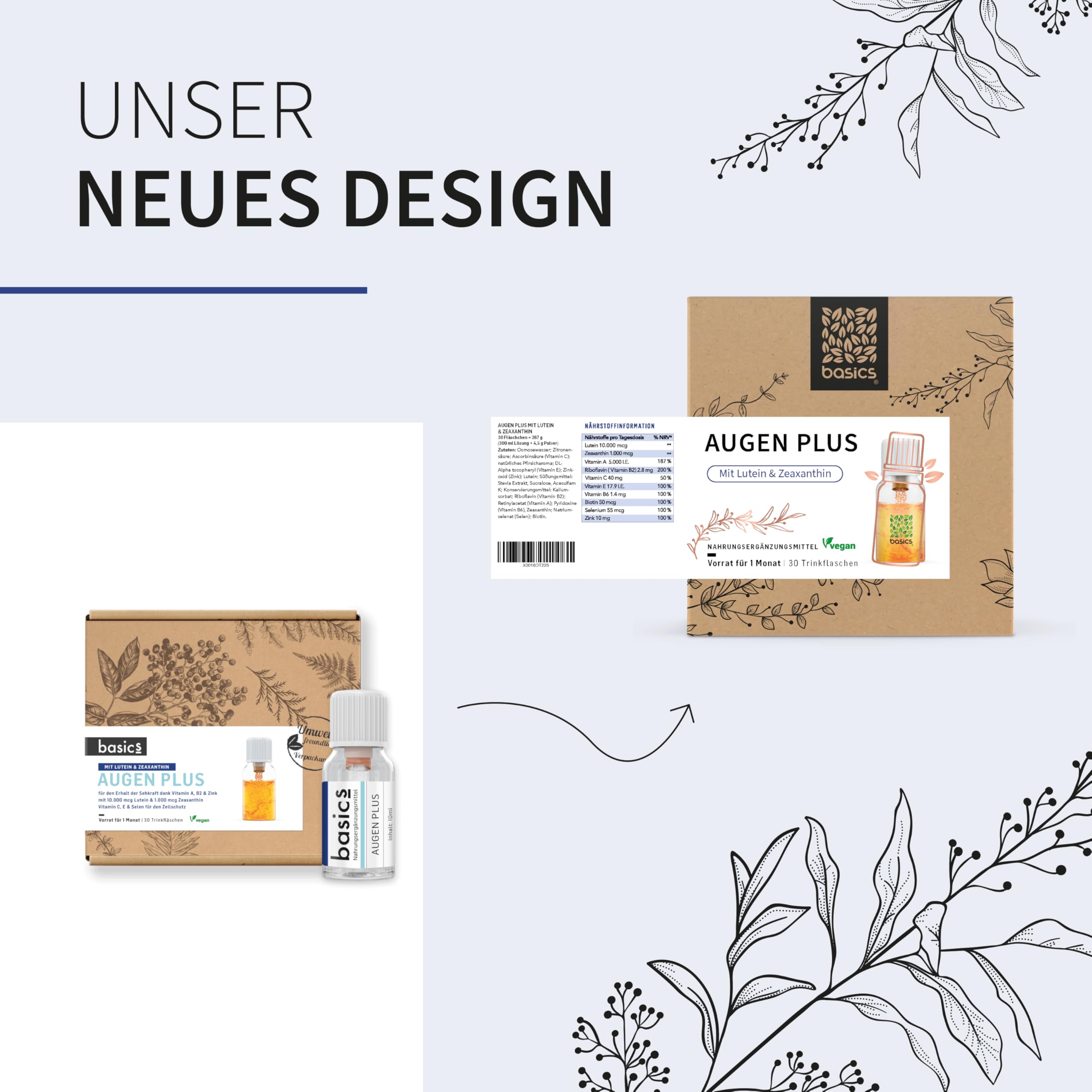 basics Augen Plus mit 10.000 mcg Lutein & 1.000 mcg Zeaxanthin - Hochdosiert - für optimale Augengesundheit mit Vitamin A und Zink - 30 Trinkflaschen - 10ml pro Tagesdosis - Vegan (300 ml (1er Pack))