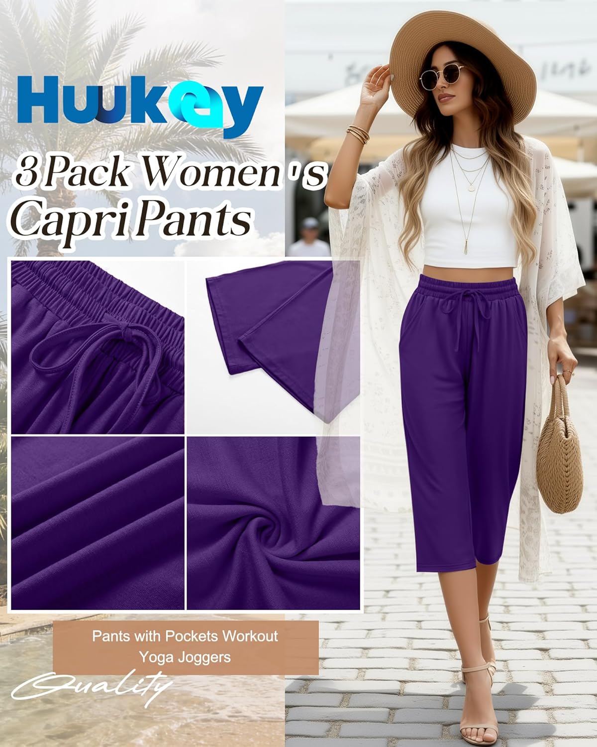 Huukeay 3 Pack Women's Capri Pants, Drawstring Lounge Capris Wide Leg Cropped Pants with Pockets Workout Yoga Joggers - Image 6