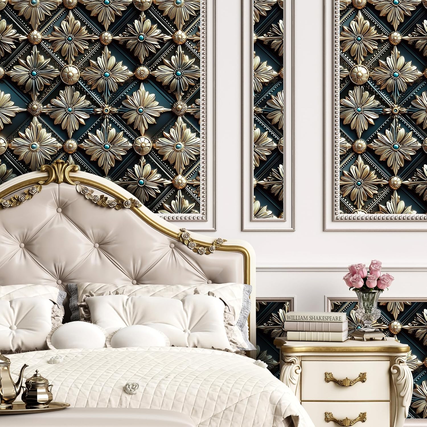 Stickyart 3D Black Gold Floral Peel and Stick Wallpaper 17.5"x276" Luxury Dark Gold Embossed Wallpaper Removable 3D Floral Gemstone Contact Paper Self Adhesive Decorative Wall Paper for Accent Walls