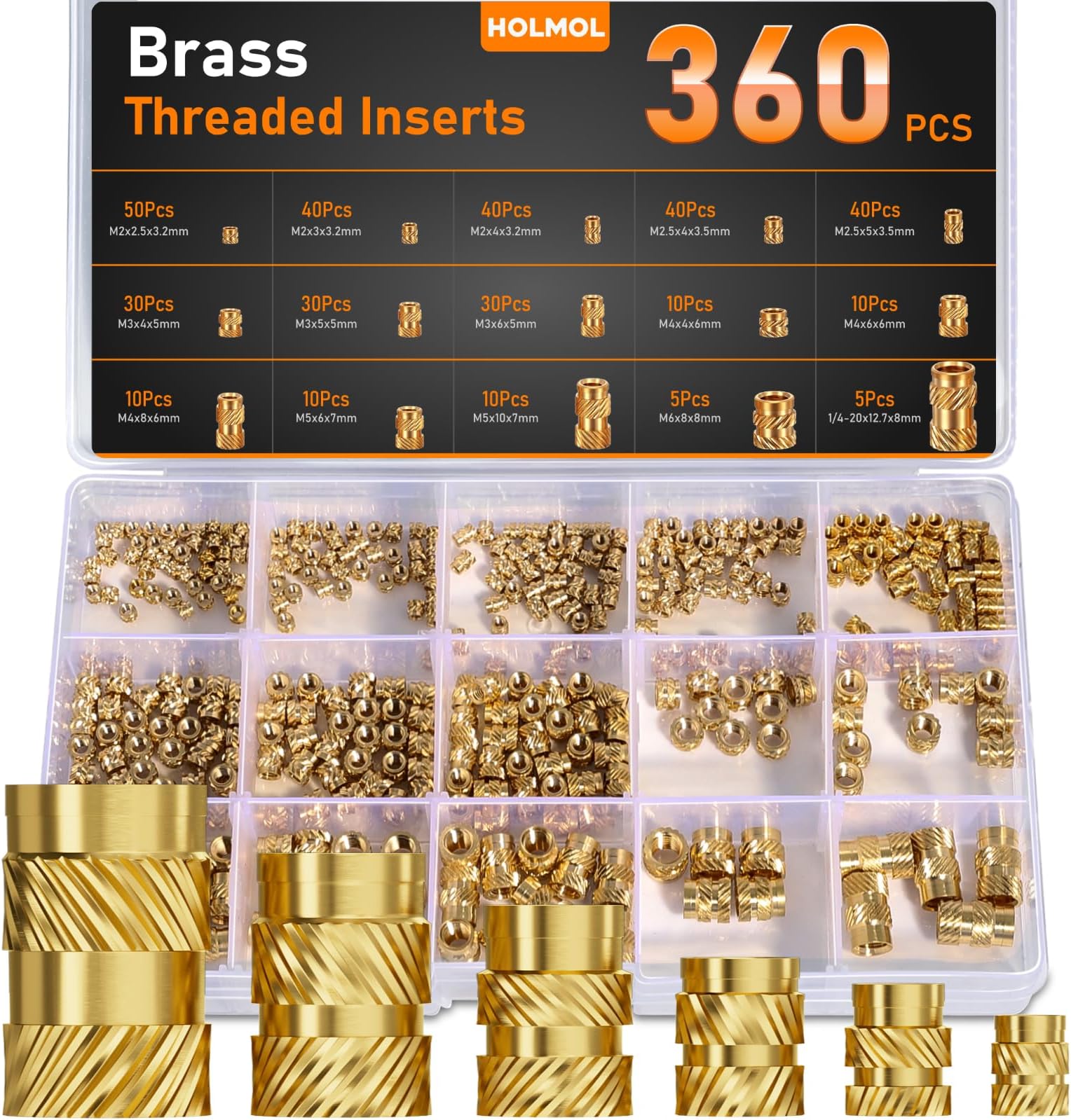 Threaded Inserts for Plastic 360PCS, Heat Insert Assortment Set, Brass Metric Knurled Nuts M2 M2.5 M3 M4 M5 M6mm for 3D Printer Parts
