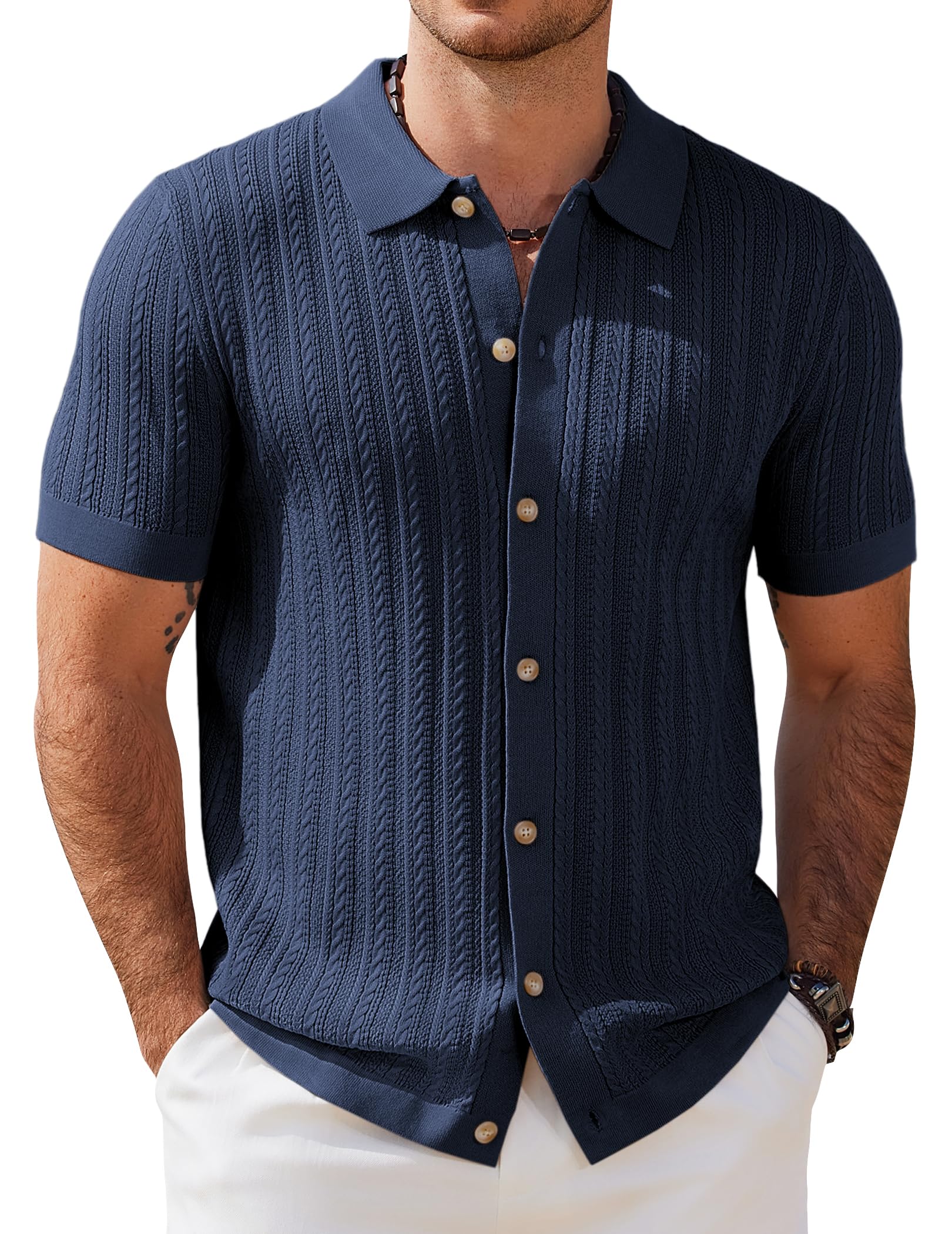COOFANDY Herren Poloshirt Kurzarm Strick Polo Hemden mit Knopfleiste Zopfmuster Strickhemd Sommer Golf Shirts