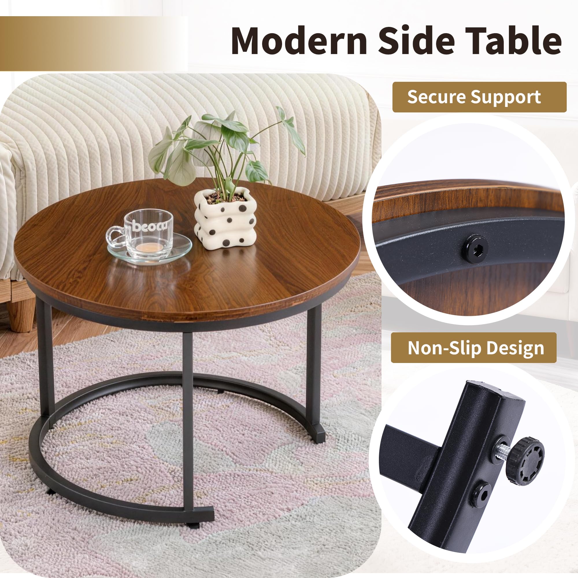 Lot de 2 Tables Basses Rondes, Table de Salon avec Pieds Métalliques Noirs, Set de Tables d'Appoint, Table en Bois à Effet Lisse, Table pour Canapé – Idéale pour Salon, Chambre, Noyer