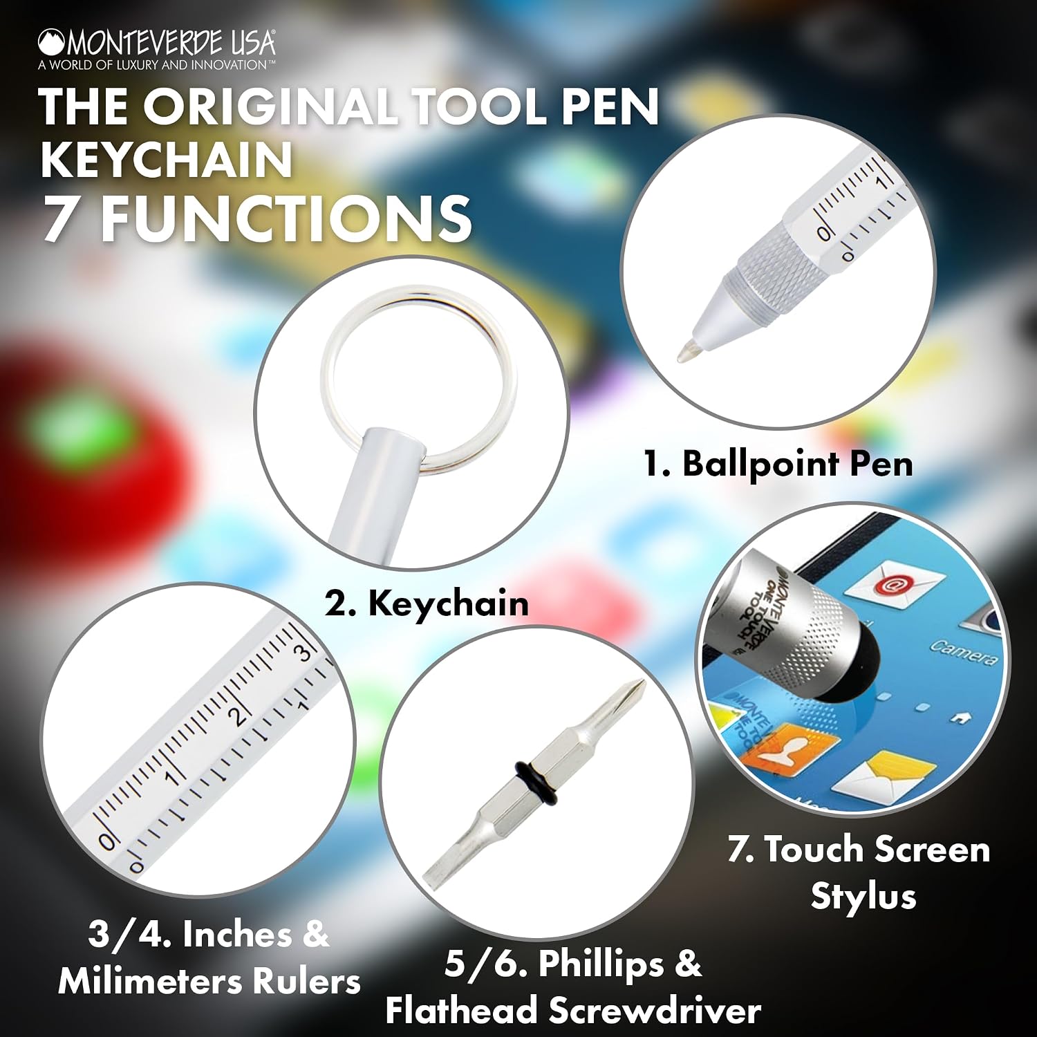 Monteverde One Touch Tool Set Ballpoint Pen with Stylus Silver + Tool Pen Keychain – 6-in-1 Multifunction Pen Set from Exclusive Collection – Ideal Gift for DIY Enthusiasts (MV35488)