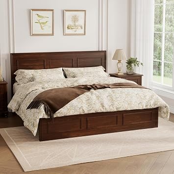 Queen Size Platform Bed with Adjustable Height Headboard, Pine Wood Bed Frame, Geometric Panel Design Footboard (Walnut-6.16, Queen)