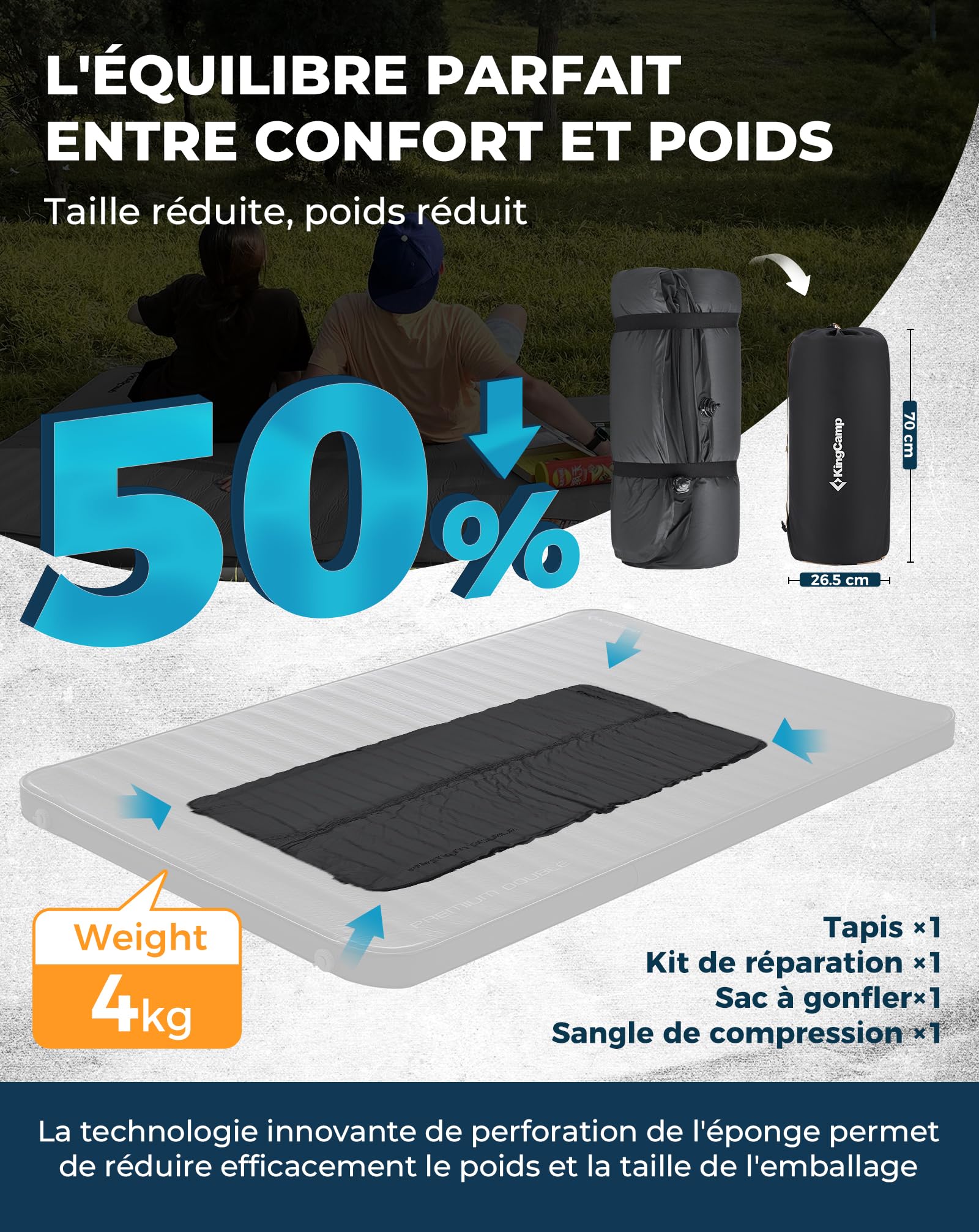 KingCamp Matelas de Camping Auto-gonflant - Matelas Gonflable en Mousse - Double (200,9 x 127,8 x 7,6 cm) - Portable - Grand Matelas épais et Chaud pour Camping, randonnée, Voyage, intérieur