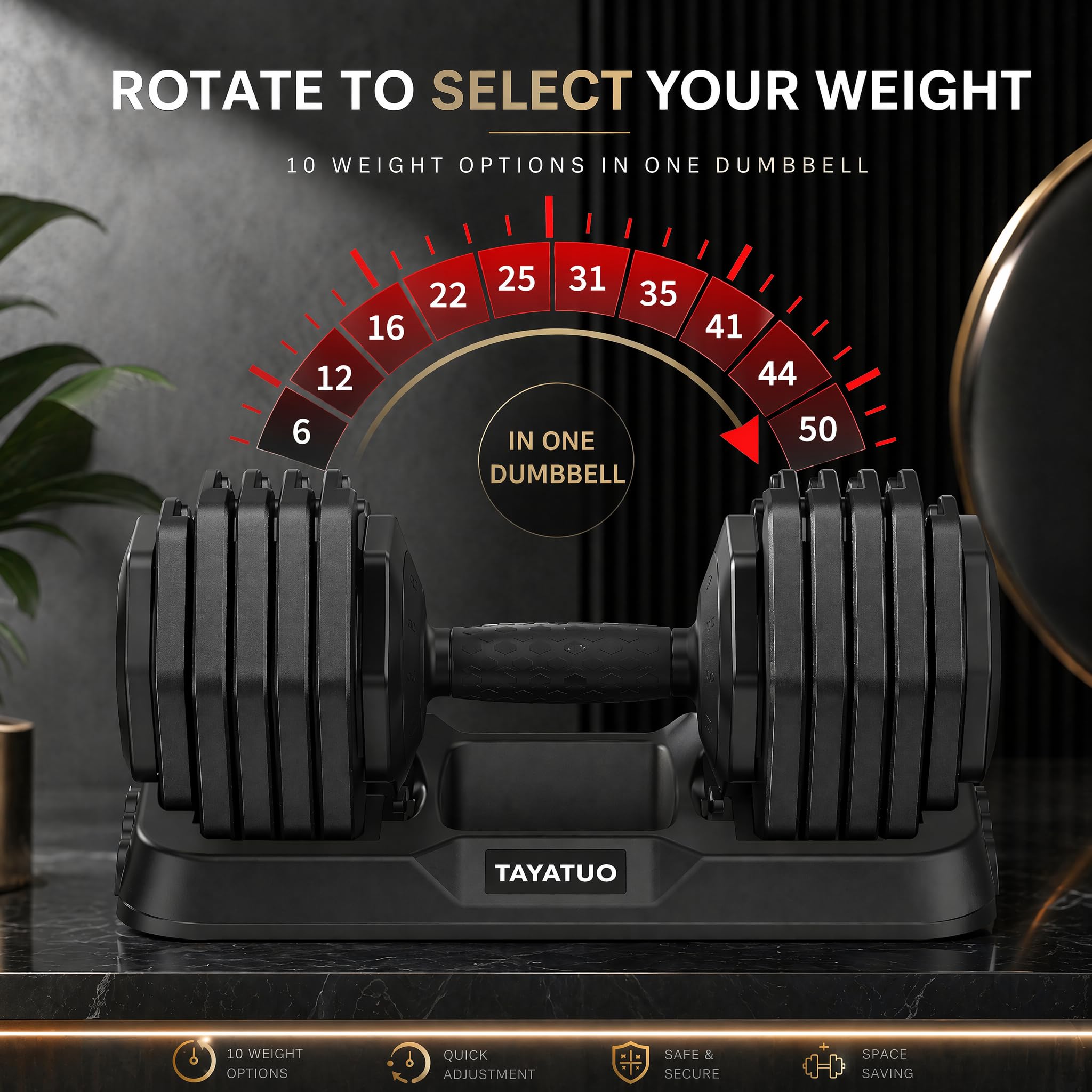Adjustable Dumbbell 25LB Pair Dial Quick Change Anti-Roll | 25LB pair (5-30lbs total). 10-in-1 dial system, octagonal anti-roll, auto-lock. Storage stand, non-slip grip. Home gym.
