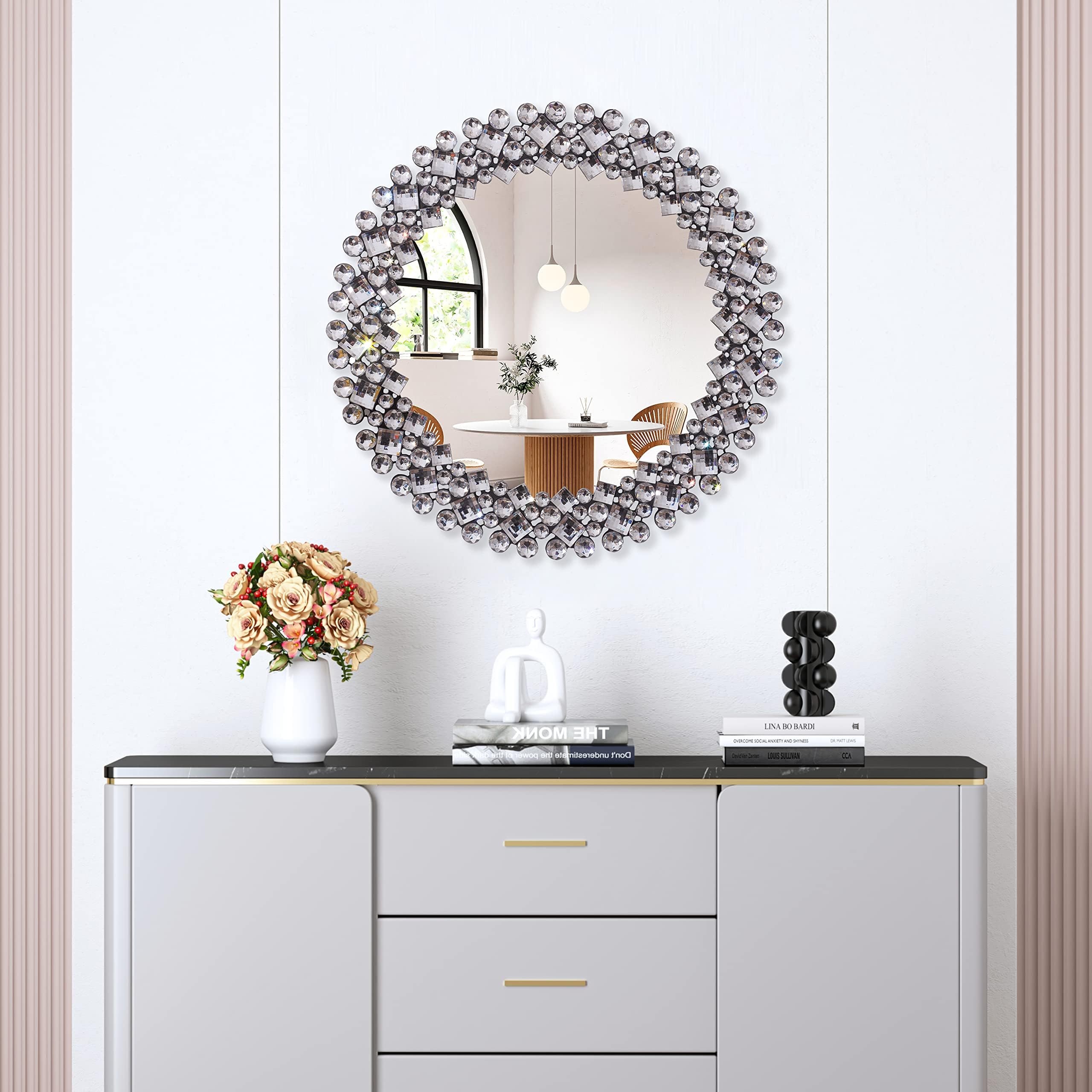 SHYFOY 45cm Runder Spiegel Silber Spiegel Rund Wandspiegel mit luxuriöser Schmuckdekoration für Badezimmer, Waschtisch, Wohnzimmer, Schlafzimmer, Eingang Wanddekoration