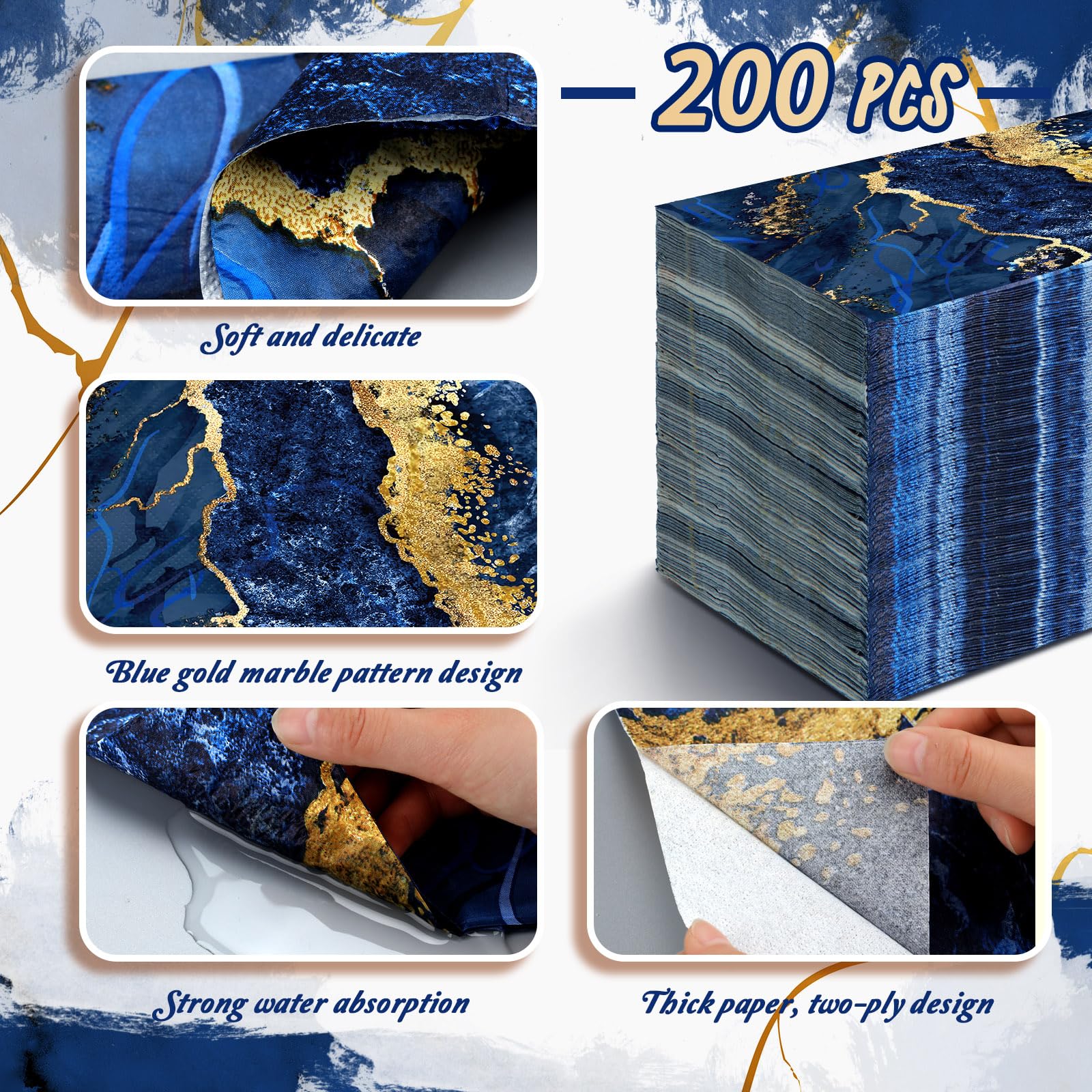Geyoga 200 servilletas de invitados de mármol azul dorado de 2 capas con temática de mármol, toallas de mano desechables, servilletas de papel decorativas para bufé, cocina, baño, cumpleaños, novia,