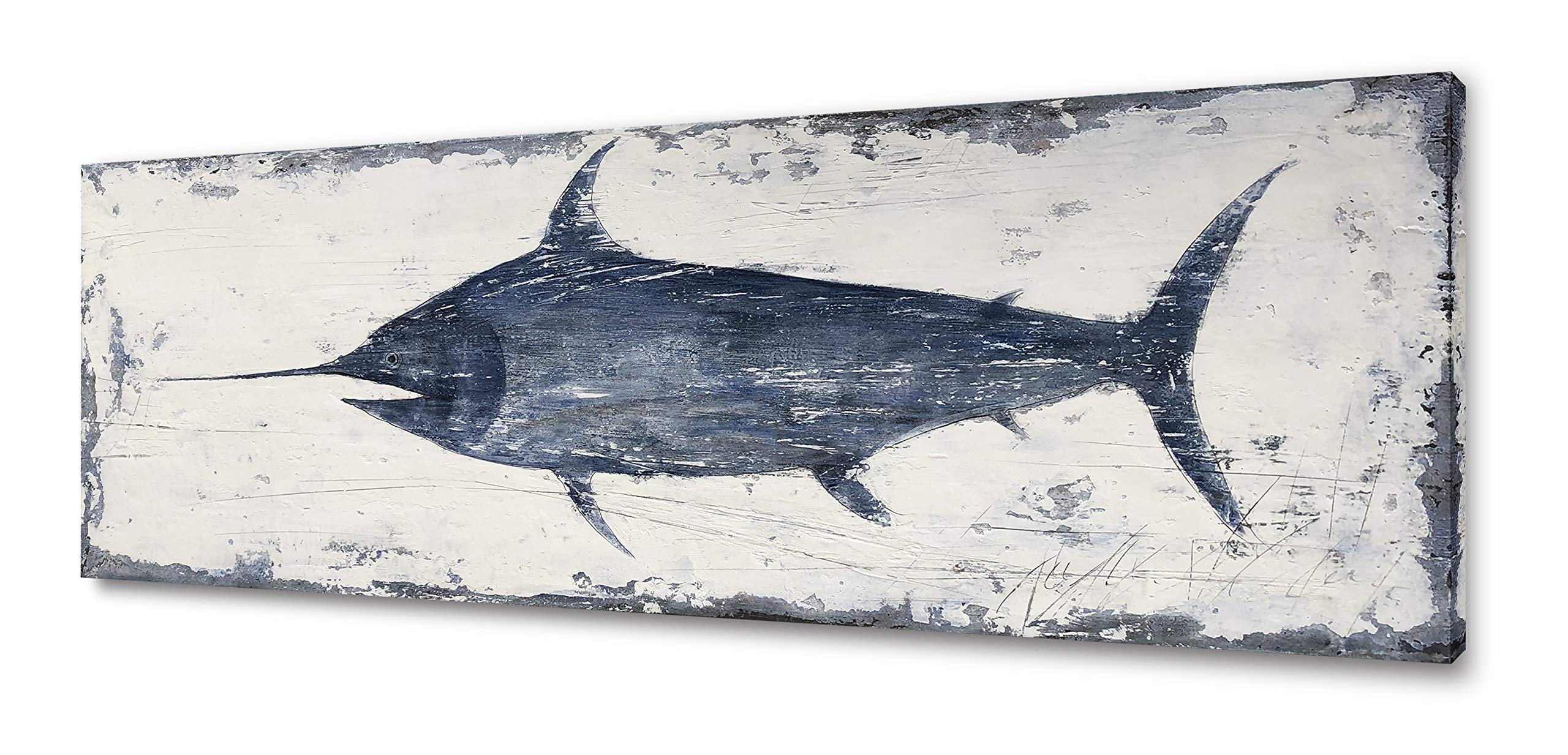 Yihui Arts Indigo Blue Swordfish Canvas Wall Art Painting Pictures For Bathroom Decor 16x48IN