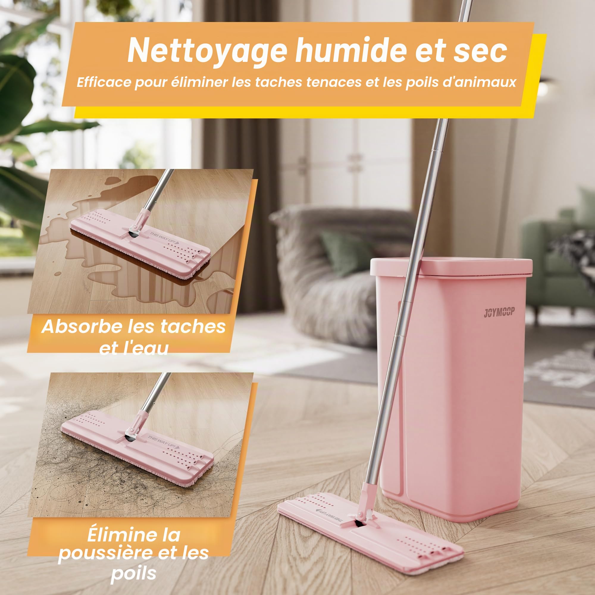 JOYMOOP Serpillère et seau avec essoreuse, balai à main libre, serpillère de 152,4 cm avec 3 tampons microfibre réutilisables