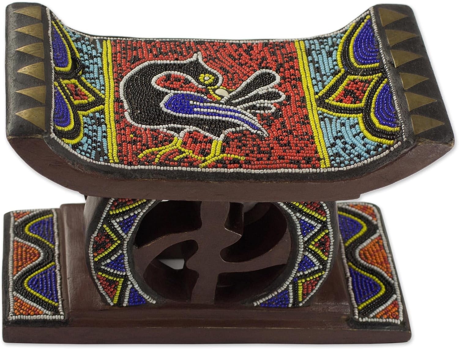 NOVICA Handmade Beaded Mini Decorative Wood Stool African with Symbols Ghana Accessories Home Accents Cultural 'Adinkra Sankofa'