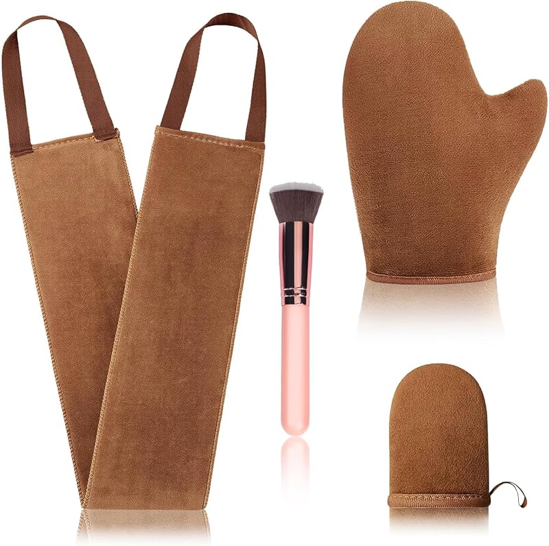 4 Pcs Self Tanner Mitt Applicator Kit - Self Tanning Mitt Glove,Self Tanner Back Applicator,Mini Face Tanner Mitt,Face Tanner Brush Soft Streak-Free Reusable & Washable for Women Girl Men (Brown)