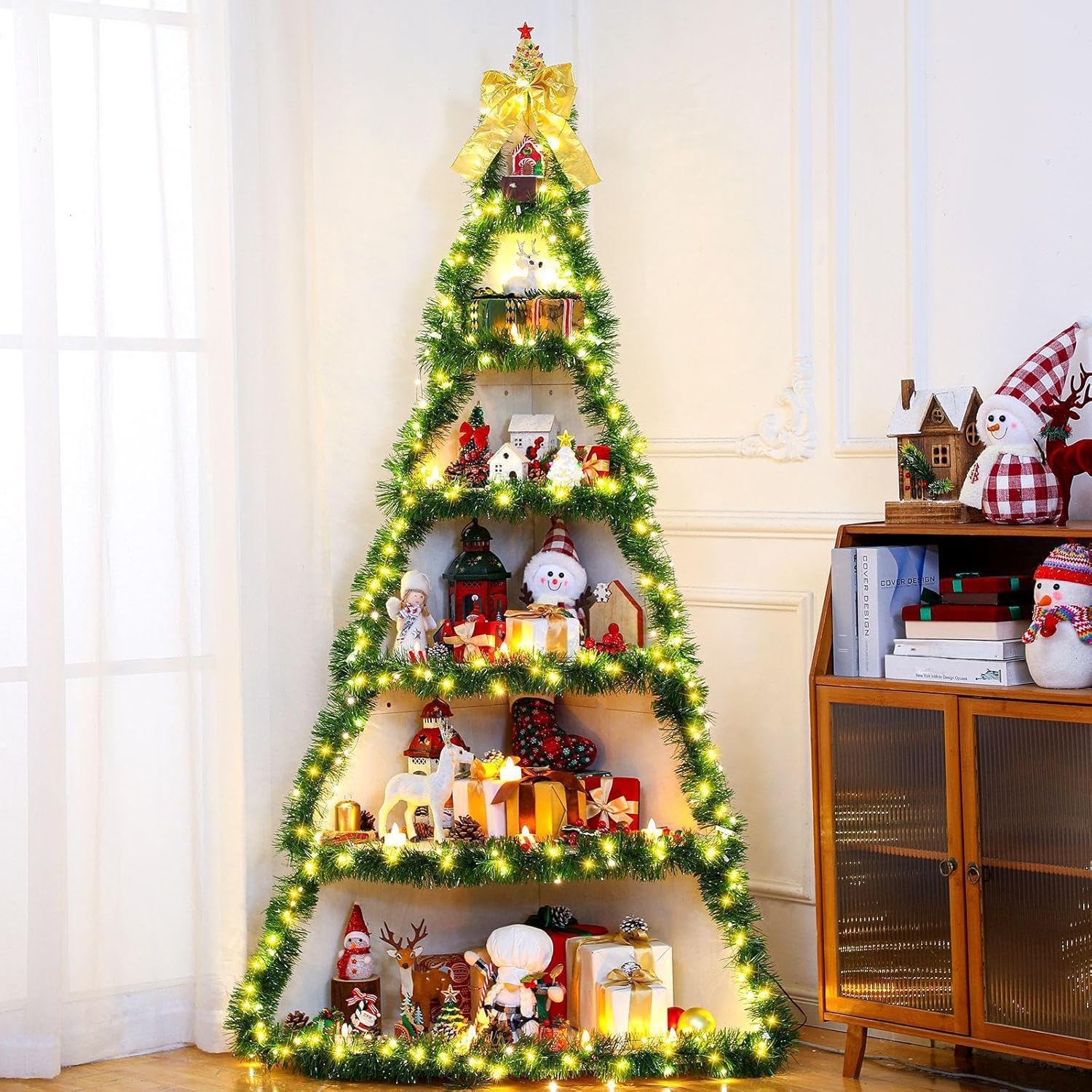 6 Tier 6ft Christmas Village Display Stand Christmas Tree Corner Shelf Large Wood Platform Bookshelf for DIY Living Room Bedroom Home Office Decor