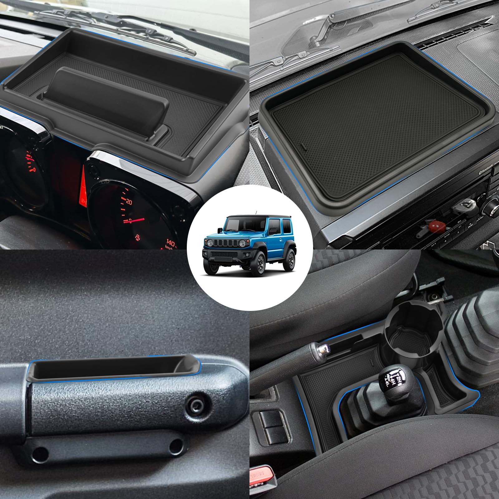 SHAOHAO Suzuki Jimny 4-częściowy zestaw (1 organizer konsoli środkowej + 1 tylny organizer na deskę rozdzielczą + 1 organizer samochodowy + 1 tylny organizer nawigacyjny) akcesoria Suzuki Jimny