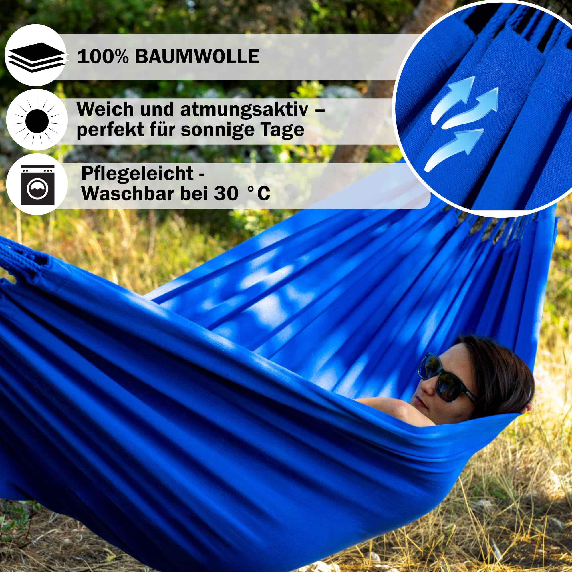 Potenza Outdoor Hängematte mit Gestell für 2 Personen I Merida- Baumwolle Doppelhängematte XXL 220x160, 220kg I Hängemattengestell 220kg, wetterfest (Blau, Basic Gestell Graphit)
