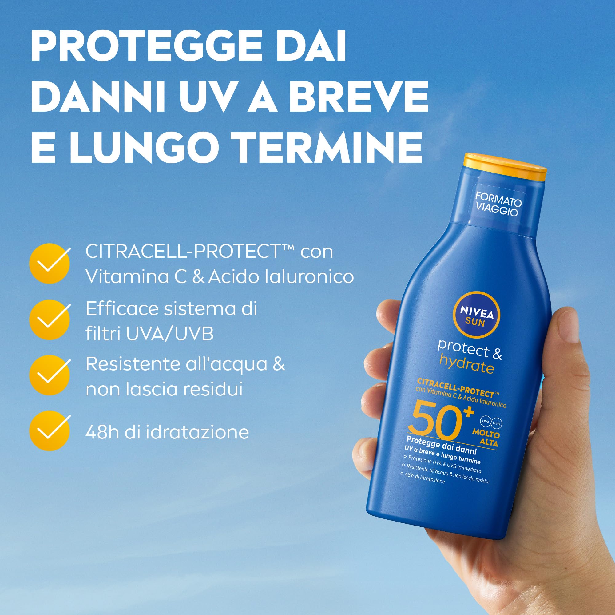 NIVEA SUN Protect & Hydrate SPF 50+ Formato Viaggio 100 ml, Crema solare 50+ idratante 48h ad assorbimento rapido, Protezione solare 50+ resistente all'acqua con Vitamina C e Acido Ialuronico