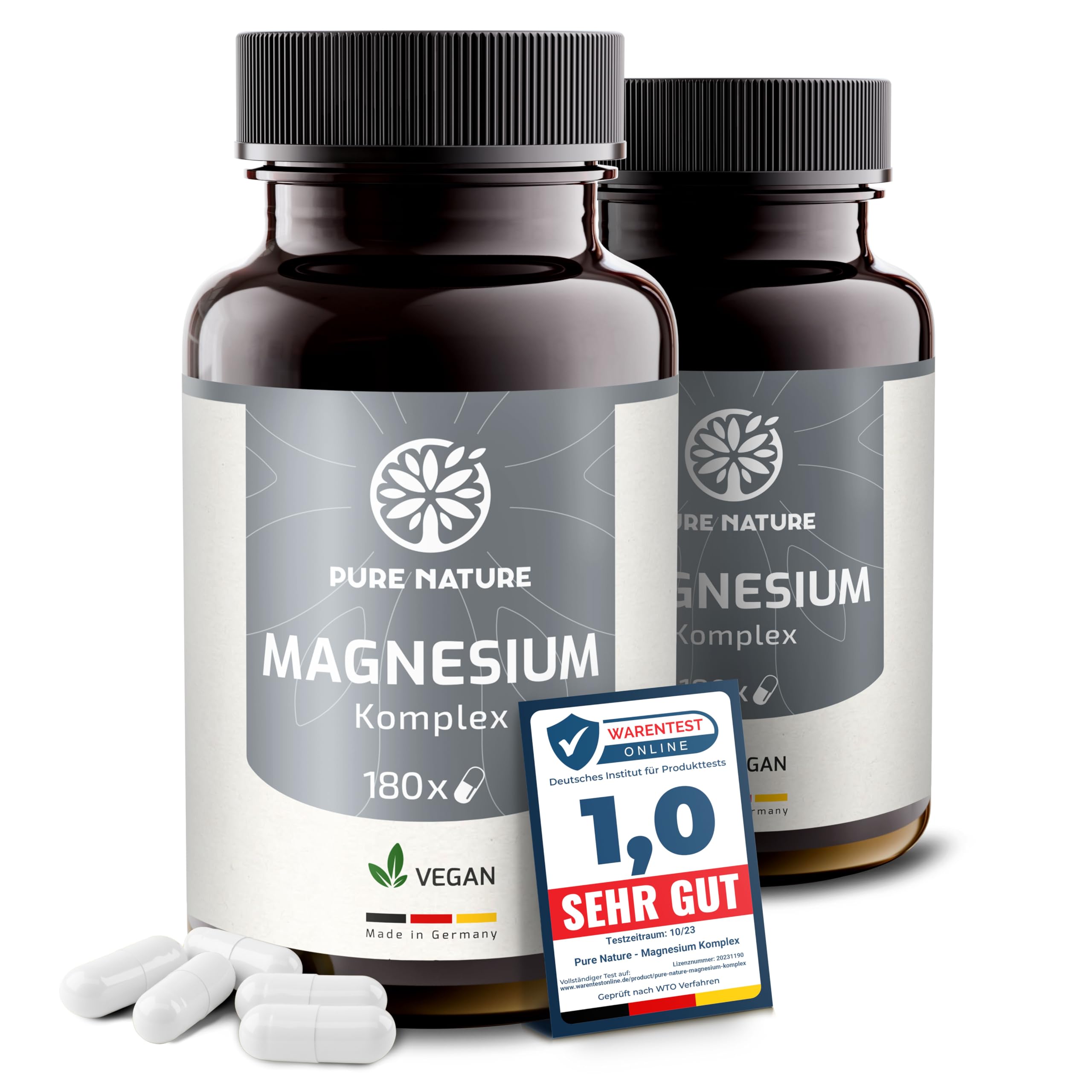 Pure Nature Magnesium Komplex hochdosiert | 400mg, 2 x 180 Kapseln | 7in1 Komplex mit Magnesiumbisglycinat, Citrat, Malat & Taurat | Clean Label | Vegane & Laborgeprüfte Supplements