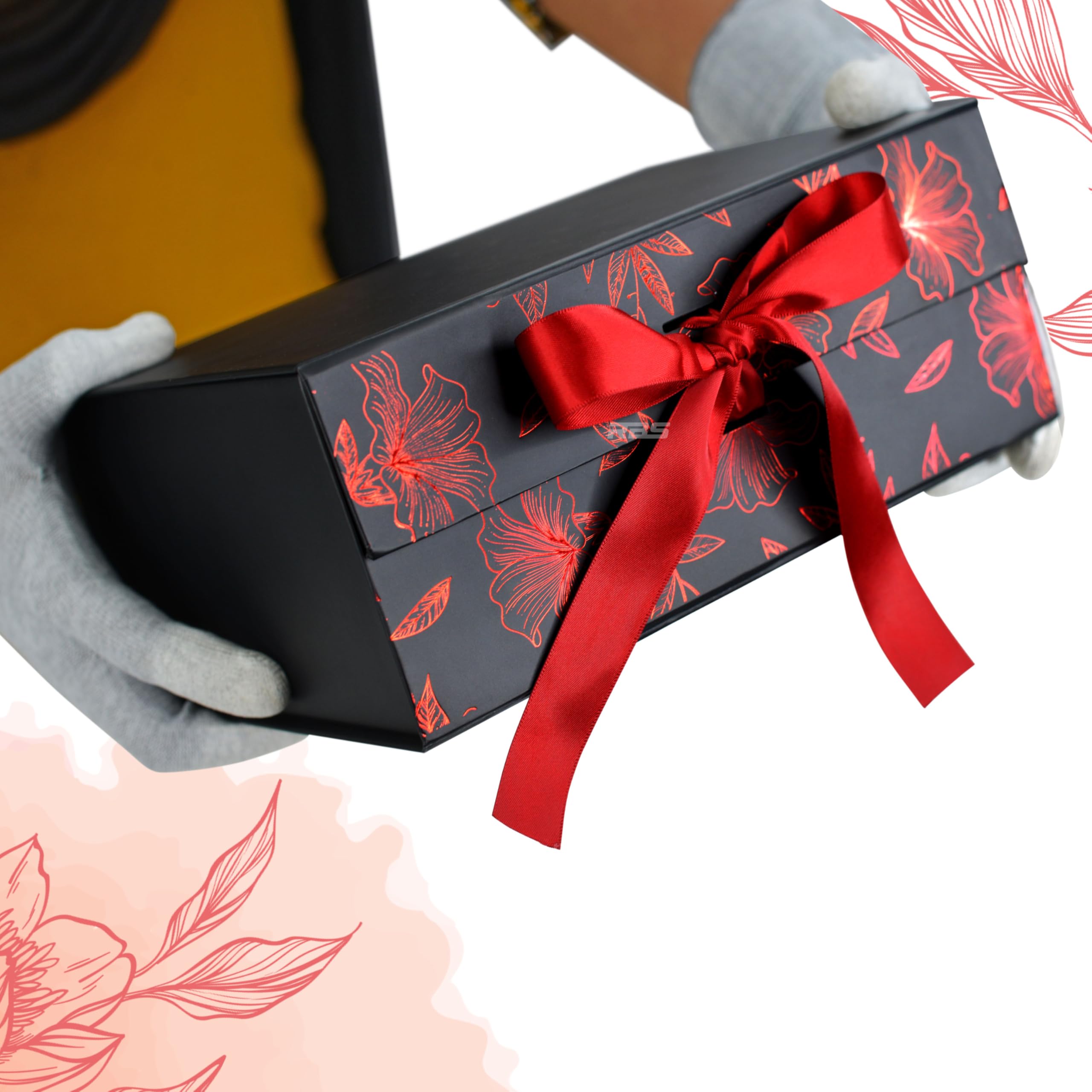 RBS® - Luxury Black Gift Box 23 x 16 x 10 cm Gift Box for Packing Hamper Box Cardboard box (1 Pack) Empty Gift Boxes Multipurpose Gift Boxes for all Occasions holds upto 5kg (Red Front Floral)