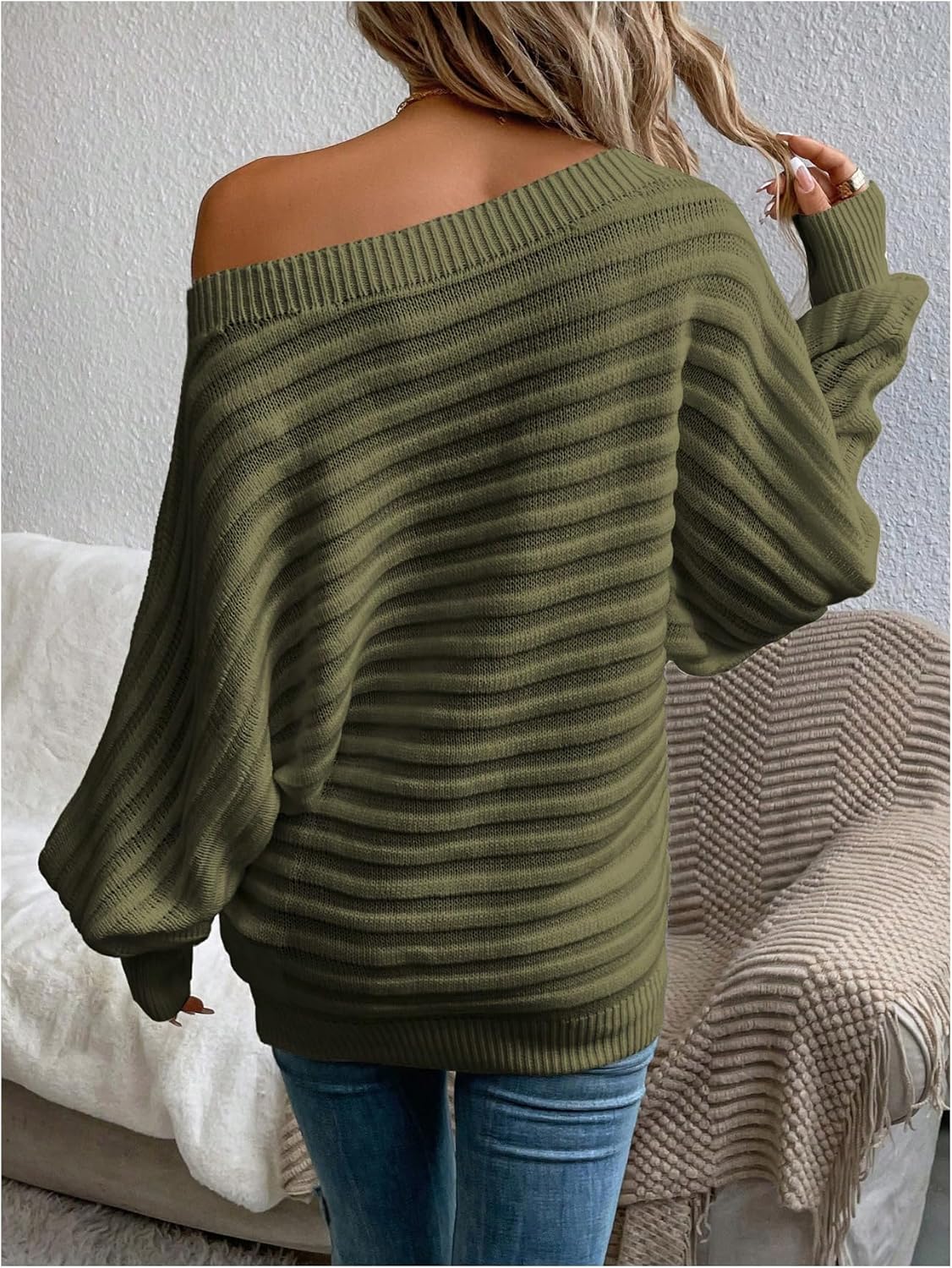 Women's Plus Size Off Shoulder Sweaters Long Sleeve Pullover Jumper Top Fall Outfits - Image 2