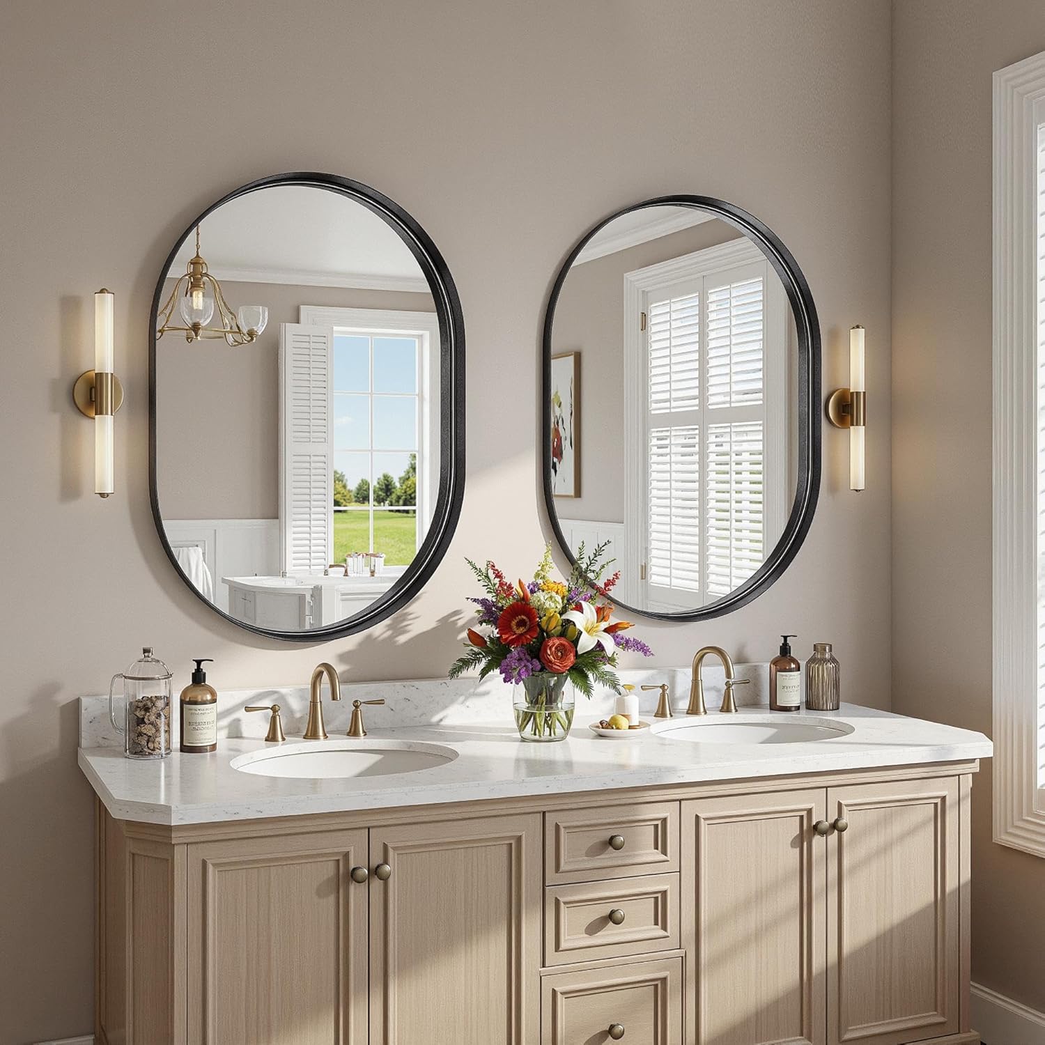 oval bathroom mirror, 22x30 inch black oval wall mirror with metal deep frame, mirrors for wall decor, vanity, entryway, living room, horizontally/vertically 30"l x 22"w oval black