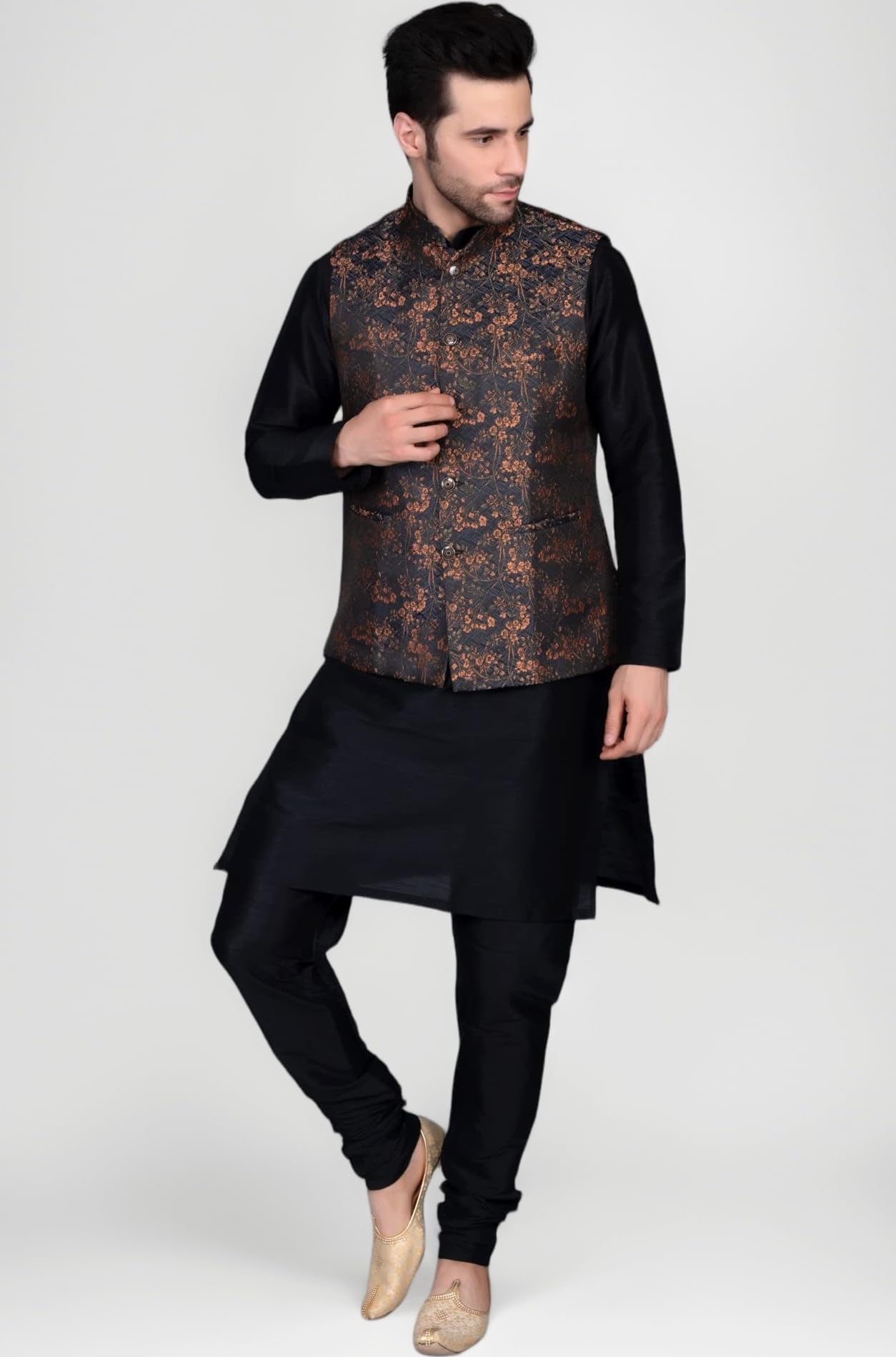 Ethluxis® Men's Silk Blend Kurta Churidar Pyjama with Ethnic Bundi Jacket Set