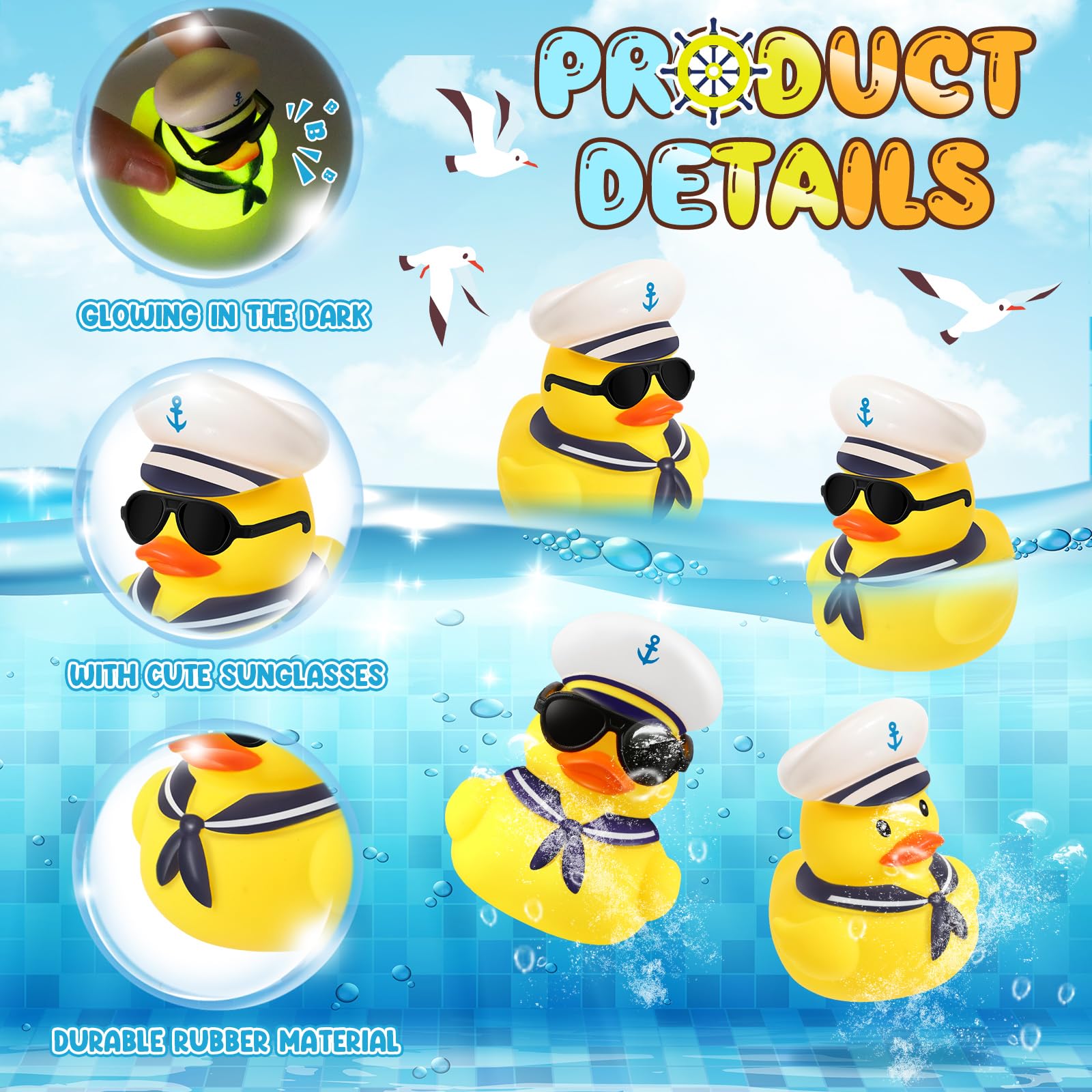 Simgoing 24 Pcs Cruise Duck Gift Bulk Glow in The Dark Rubber Ducks with Sunglasses Tiny Sailing Toy Squeaky Nautical Ship Toy for Birthday Baby Shower Party Favors Classroom Carnival