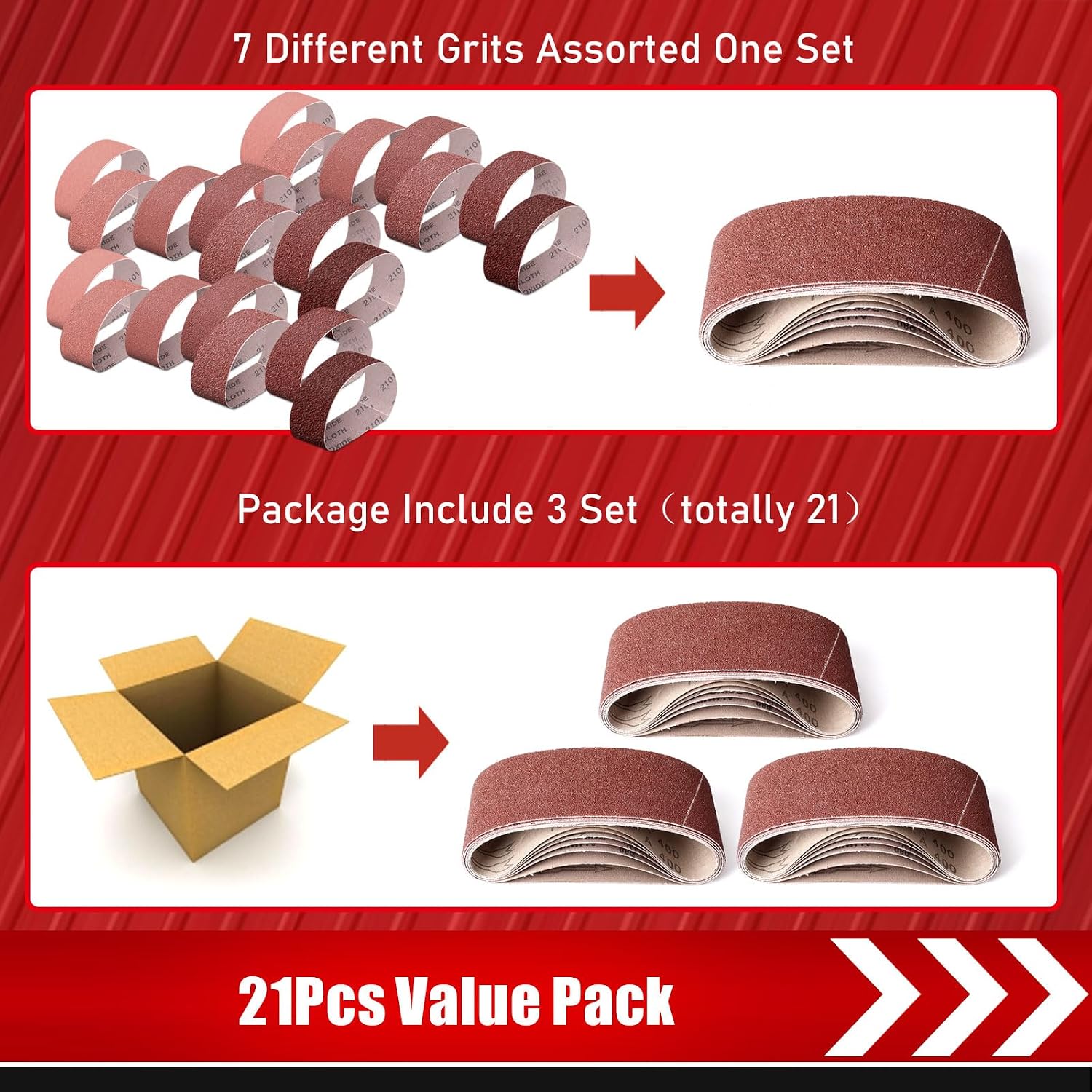 Boshcraft 21 Pack 3 x 21 Inch Sanding Belts, 3x21 Belt Sander Sanding Belts 40/60/80/120/180/240/400 Grits Assortment Sanding Belt for Belt Sander Knife Sharpening Woodworking Metal Polishing