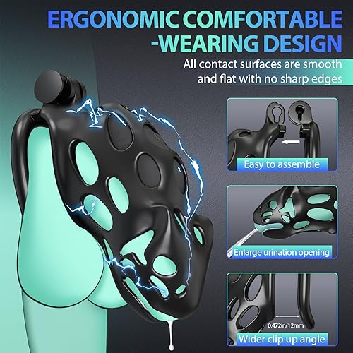 Miniatura 6 de Jaula de castidad masculina de choque eléctrico, dispositivos de castidad con 7 vibraciones, 7 intensidades E-stim, control remoto, jaula de pene