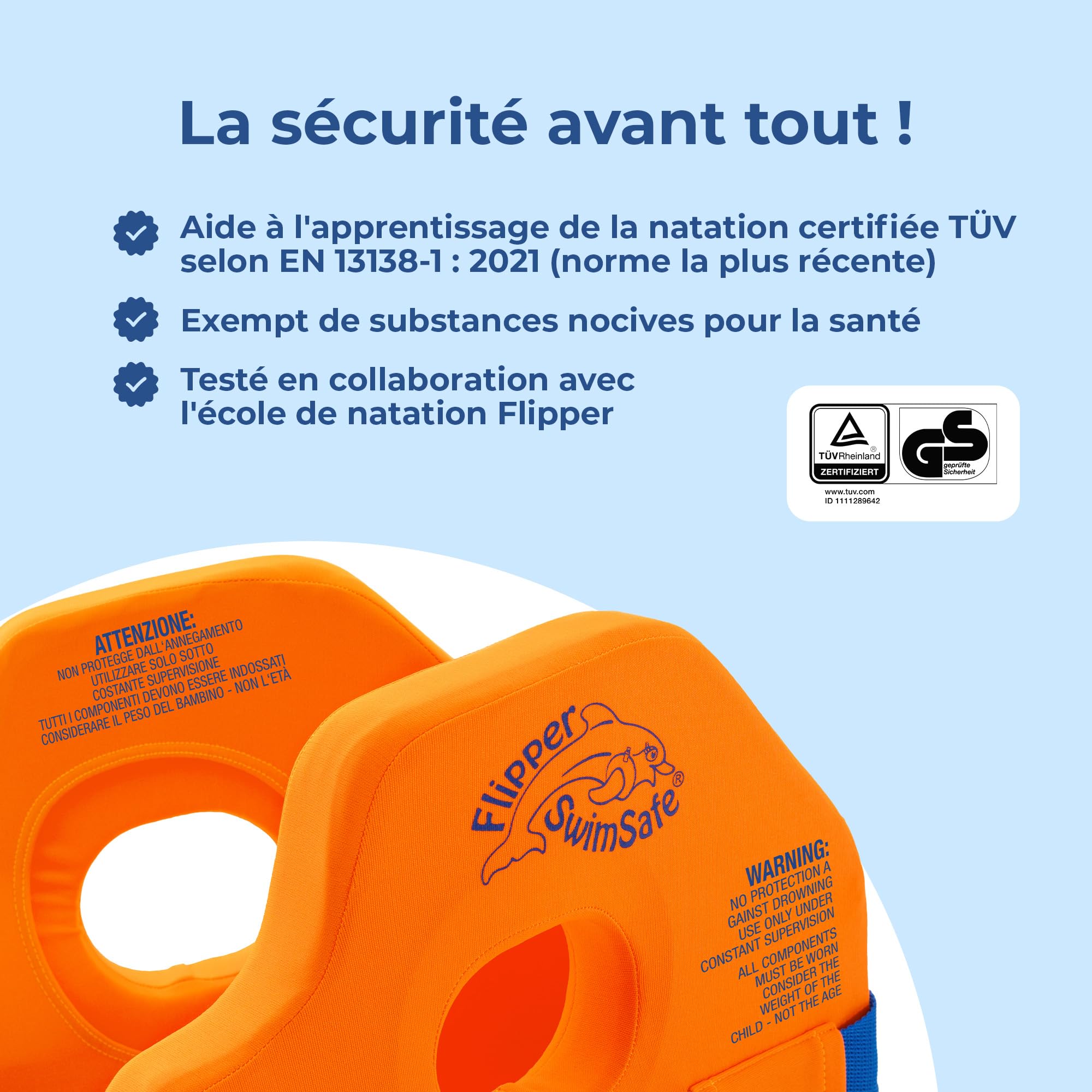 Flipper SwimSafe 1400 - Gilet de Sauvetage pour Enfants de 11 à 30 kg, avec Noyau en Mousse pour Un Soutien sûr Lors de l'apprentissage de la Natation, Ajustement Facile grâce aux Sangles réglables