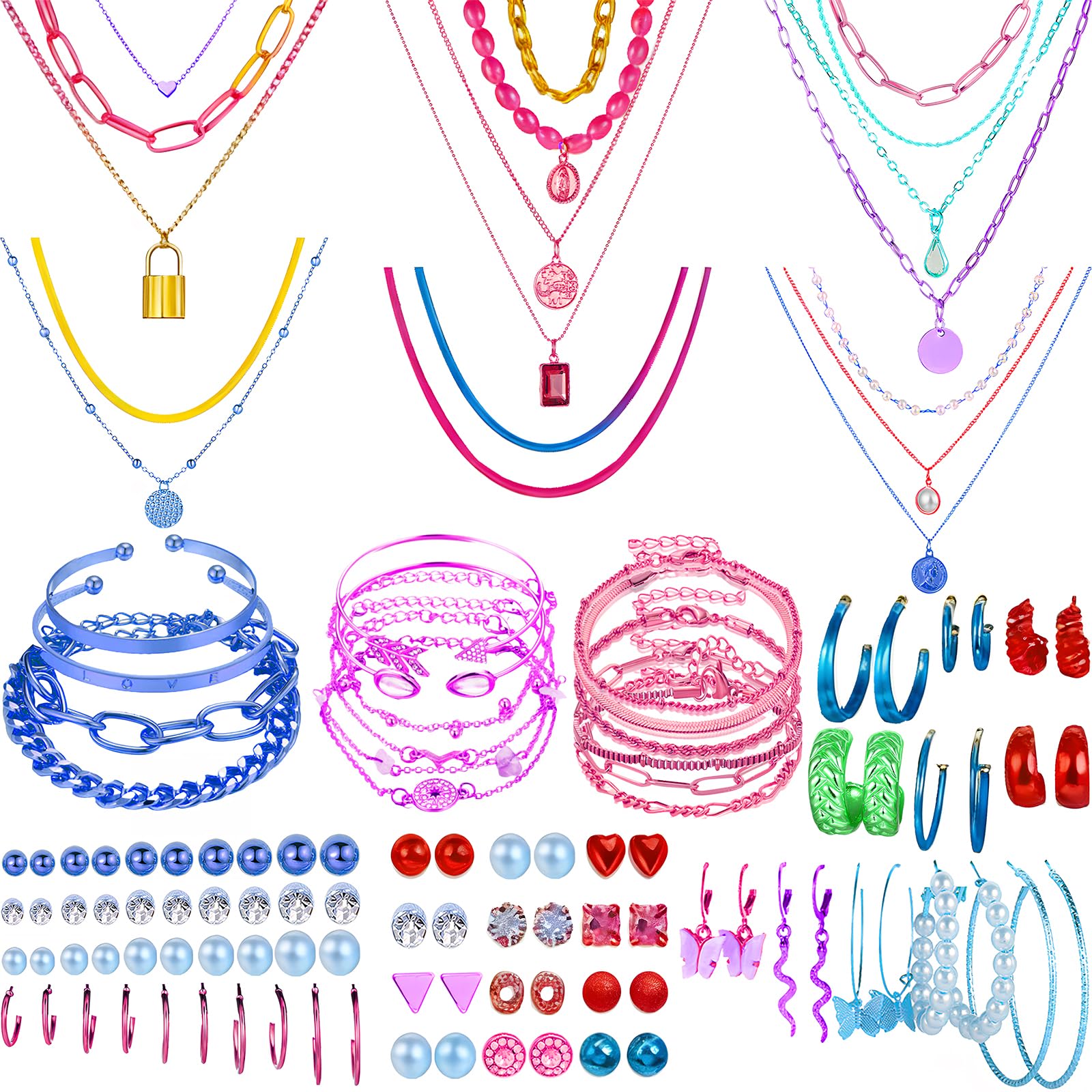 NEWITIN 74 Pieces Gold Jewelry Set for Women Fashion Costume Jewelry Gold Plated Necklace Bracelet Waist Chain Ring Earrings Set for Women
