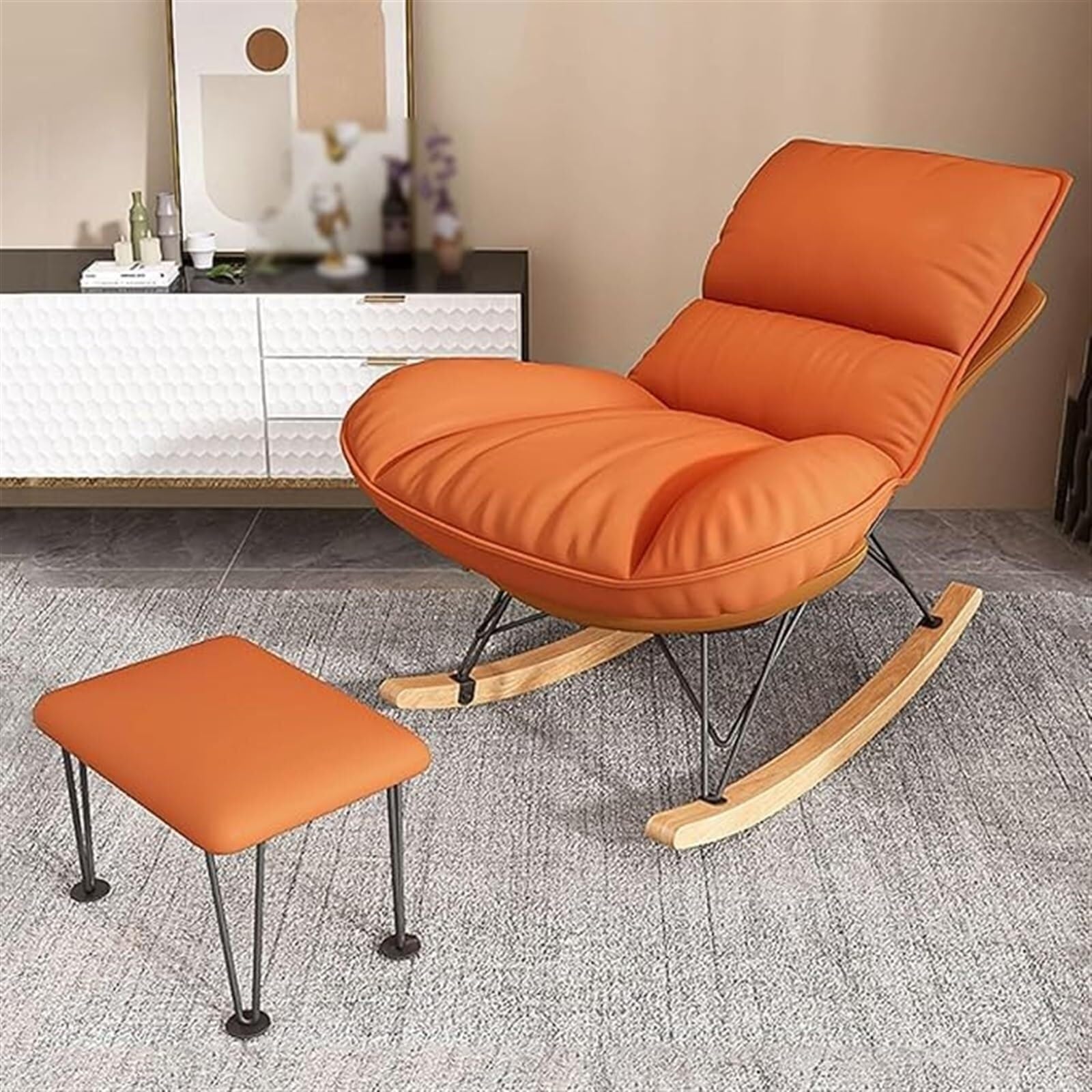 YXCUIDPBedroom Rocking Chair Mid Century Chair Recliner Relaxing Chair with Soft Cushion Indoor Outdoor Leisure Chair(Orange,With footstool)