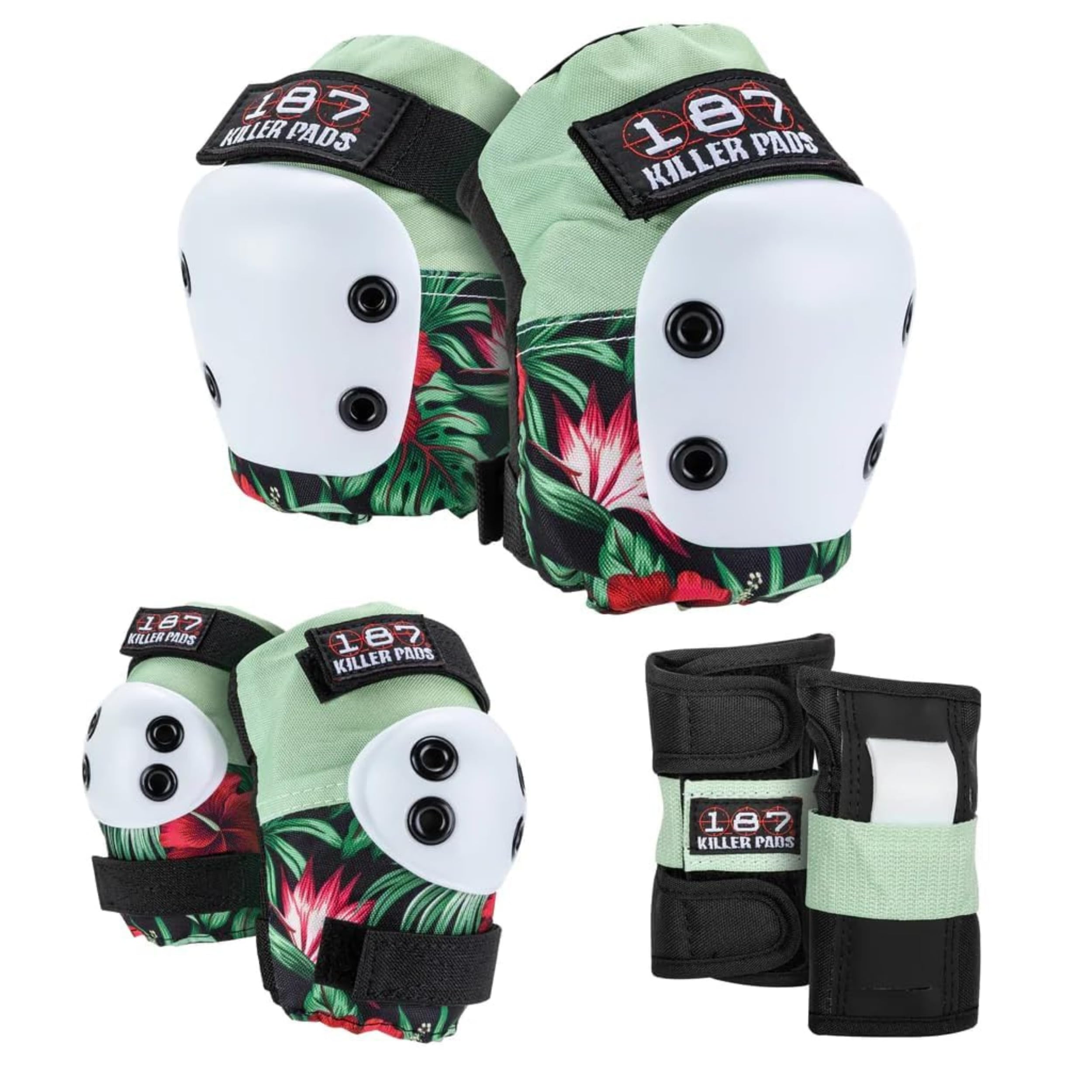 Skateboarding Knee Pads, Elbow Pads, and Wrist Guards, Six Pack Pad Set, Hibiscus, Small/Medium
