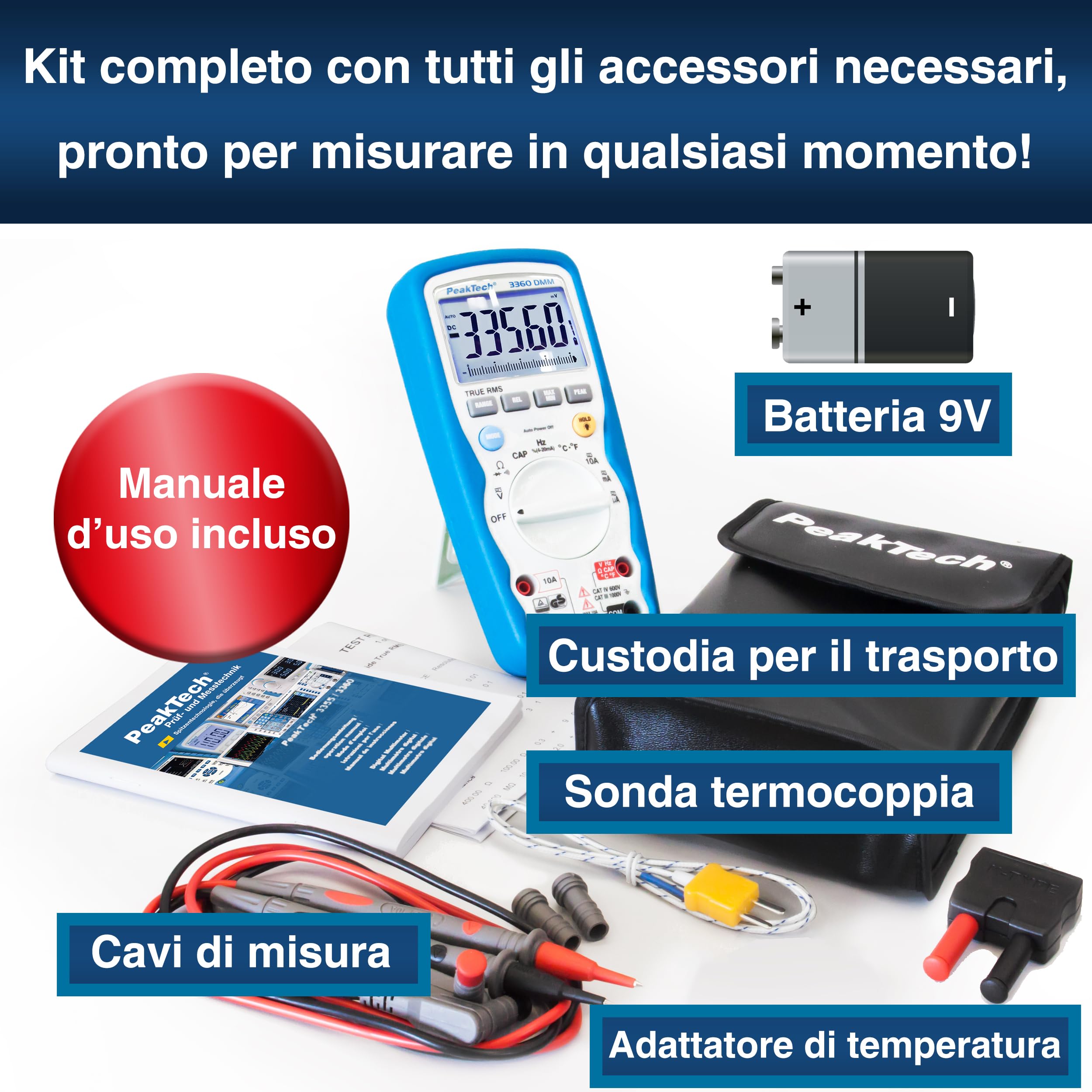 Peaktech P 3360 – Multimetro Digitale True Rms, Impermeabile, 40000 Conteggi, Tascabile Professionale, Tüv/Gs, Autorange, Misurazione della Corrente, Voltmetro, Tester di Continuità - Cat Iii 1000 V
