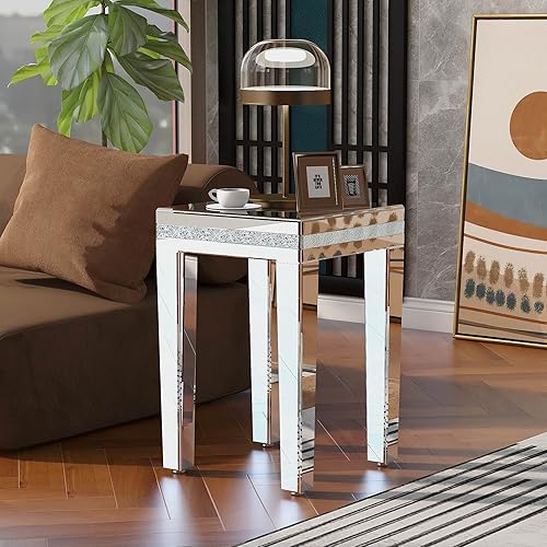 Miniatura 8 de Mesa auxiliar moderna de cristal con espejo, mesa auxiliar con diseño de cristal y patas de altura ajustable, fácil montaje para sala de estar y
