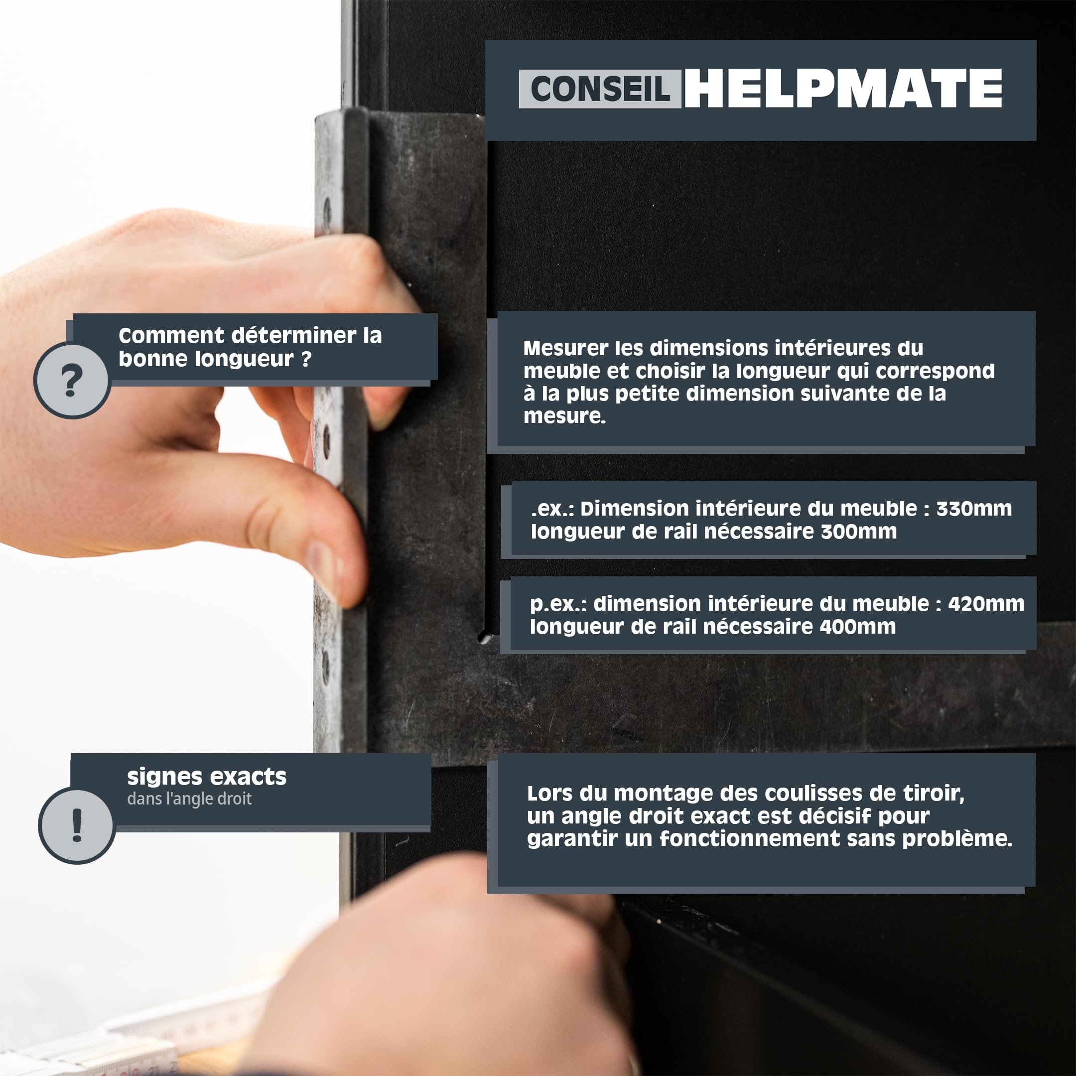 HELPMATE – Glissières de tiroir télescopiques à roulettes 500 mm – Extension partielle – Lot de 2 paires (4 glissières) – Système de glissières pour tiroirs – Blanc