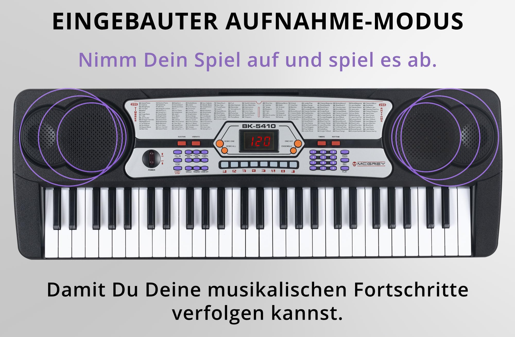 McGrey BK-5410 54 Tasten Keyboard inkl. Mikrofon zum Mitsingen (ideal für Kinder und Einsteiger, extra großes LCD-Display, 255 Sounds und Rhythmen, umfangreiche Lernfunktion, Kopfhöreranschluss) | Einsteiger-Keyboard mit 54 Tasten, LED-Display, 255 Rhythm