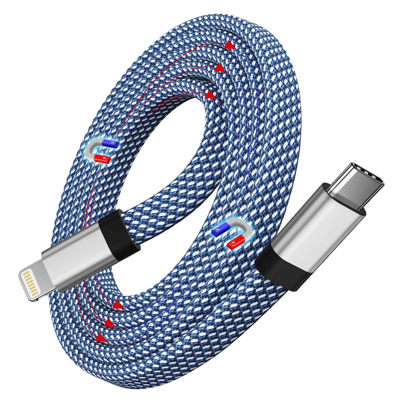 Magnetic USB C to Lightning Cable, 3.3ft Coiled USB-C to Lightning Braided Cable Blue, MFi Certified, Fast Charging Cable Compatible with iPhone 14/13/12/11 Pro Max/XS MAX/XR/XS/X/8 SE Flat