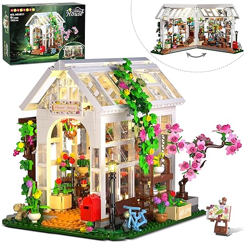 HOGOKIDS Flower House Building Set with LED Light - 1332 PCS Garden House Buiding Toy with Flowers Potted Plants Parrot Cat Animals Playset Greenhouse Model Xmas Gift for Adults Teens Girls Ages 8+