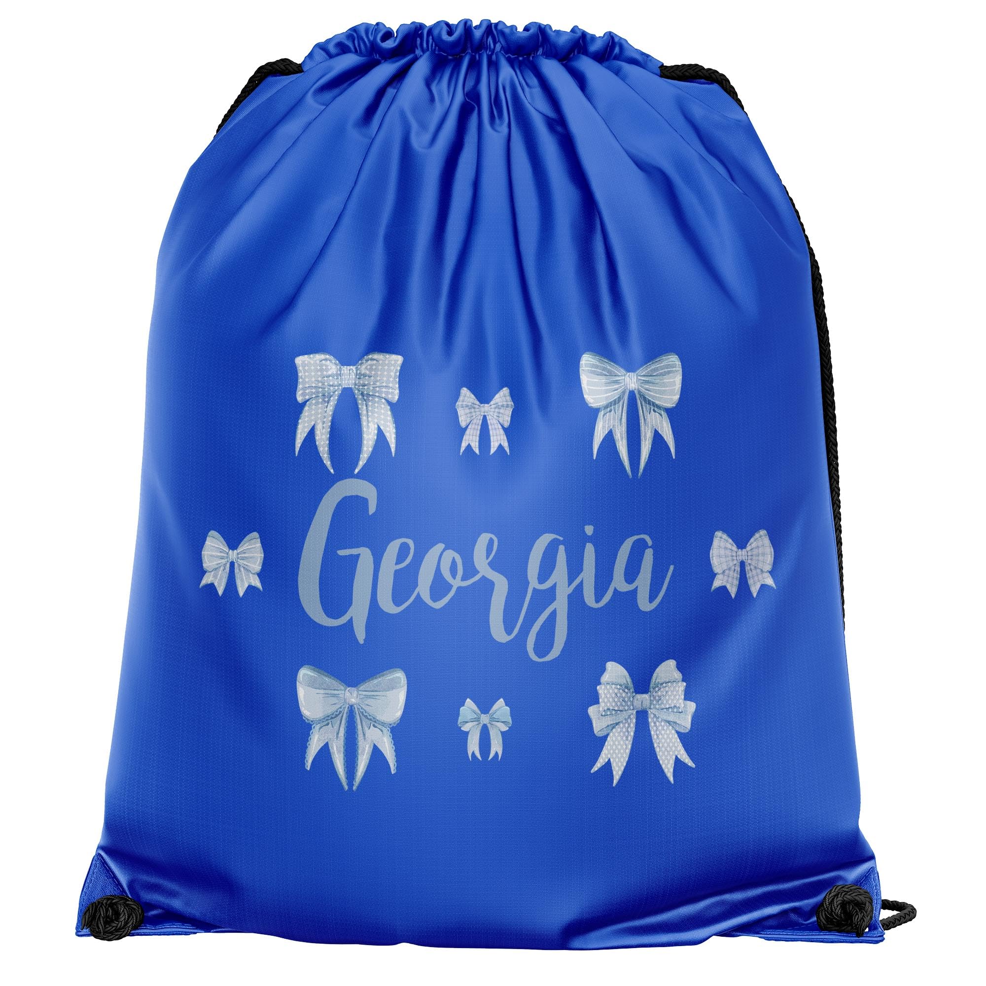 Purple Print House Personalised Bows Drawstring Bag for Girls Custom Name PE Kit Sports Bag for Back to School Kids Infants New Term Gift, One Size, Royal