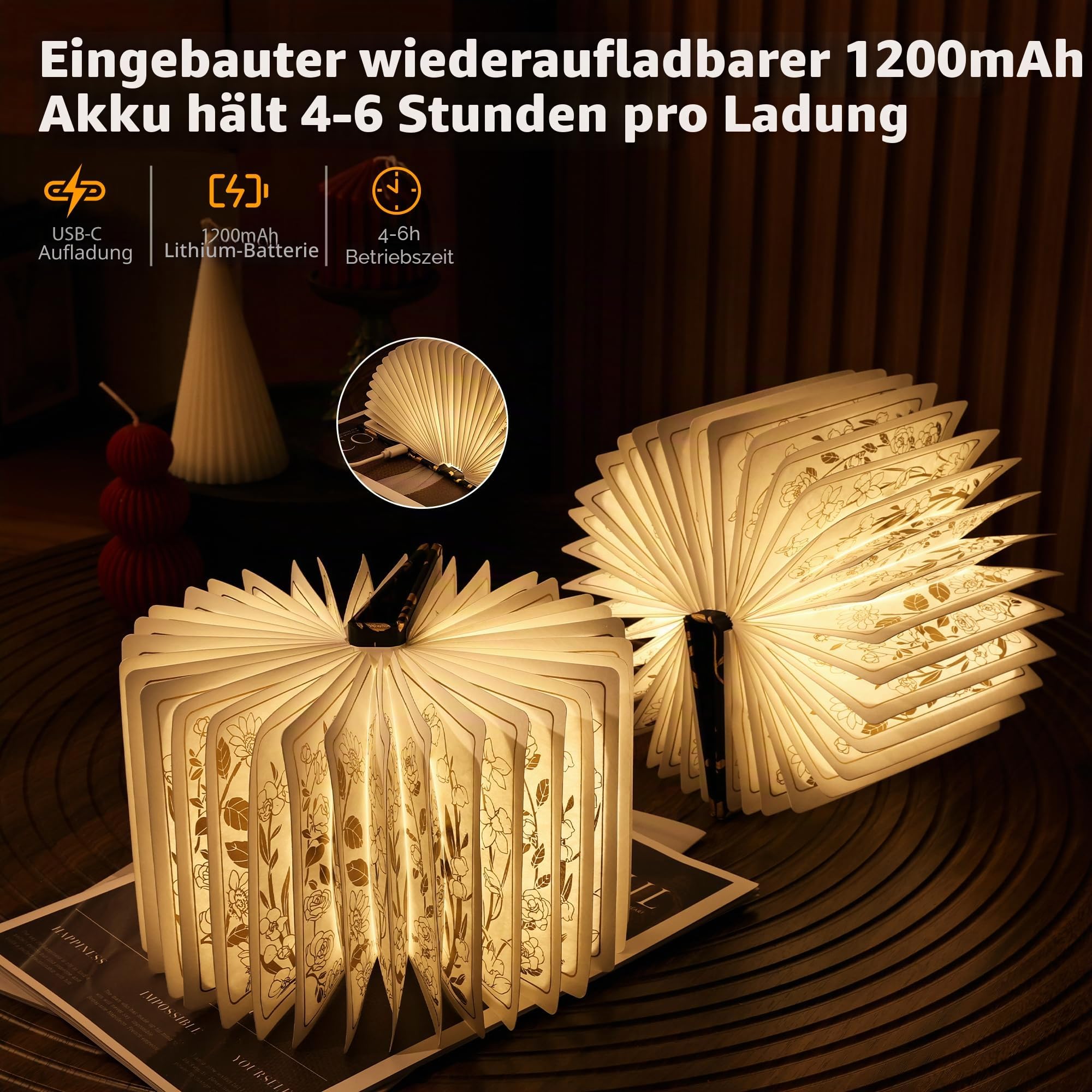 Buchleuchte mit Blumendruck, 3-farbige Buchlampe, Buchliebhaber, Geschenke, 1200 mAh, tragbare, faltbare Papier-Schreibtischlampe, Nachtleselampe, Geschenke für Frauen, Geburtstag