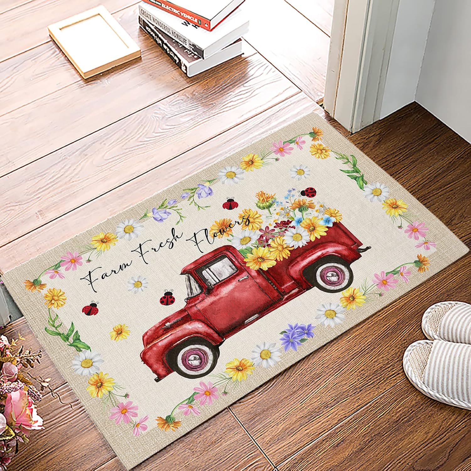 Door Mats Farm Flower Red Truck Ladybug Watercolor Vintage
