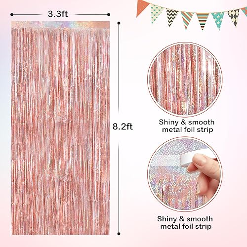 Miniatura 2 de Cortinas de flecos metálicos de oropel de oro rosa, paquete de 2 cortinas de fiesta de 3.3 x 8.3 pies para decoraciones de fiesta de cumpleaños,