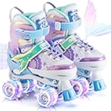 NEMONE Mermaid 4 Size Adjustable Light up Roller Skates for Girls, Purple Blue Skates for Toddlers, Beginner Kids Butterfly Roller Skates Indoor Outdoor