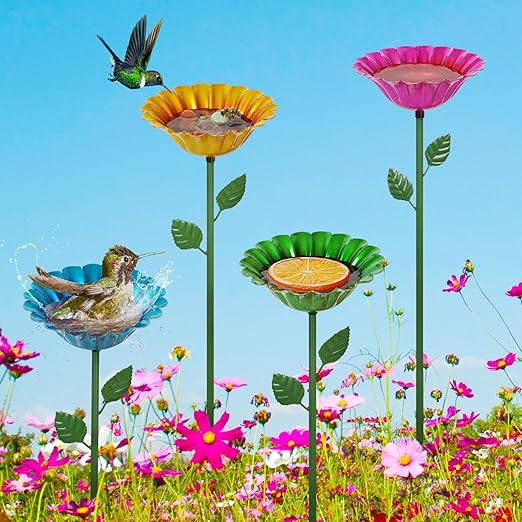 Large Bee Watering Station 4 Pack - Bee Bath for Garden Metal Butterfly Feeders Bowl with 5.32'' Flower Design Bee and Butterfly Water Station for Outside Outdoors Garden Decor