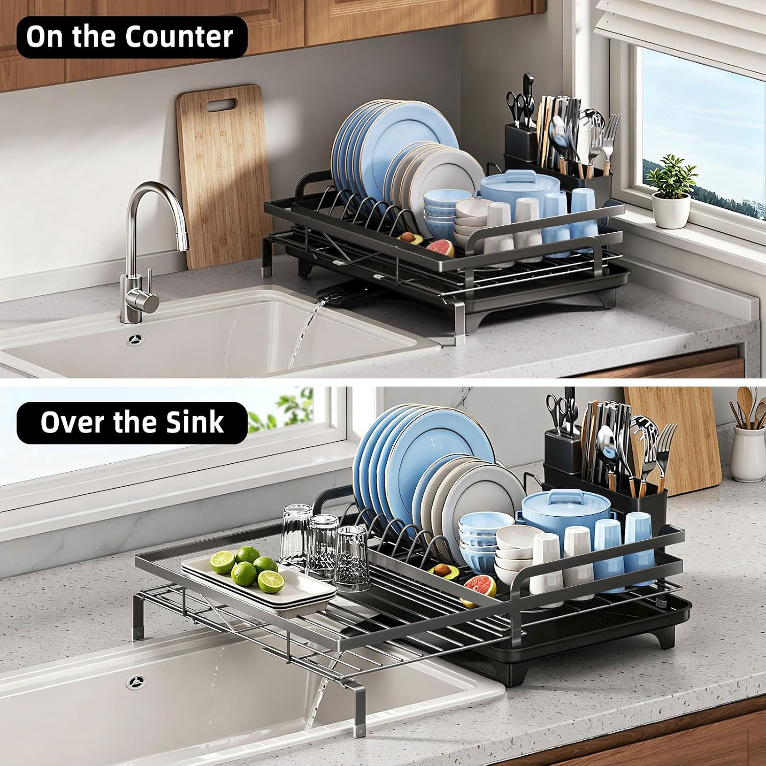 Kitchen Dish Drying Rack – Multifunctional & Expandable Dish Drainer; Rust-Resistant, Durable, and Stable; Features Adjustable Feet, Utensil Holder, and Removable Drip Tray (Black)