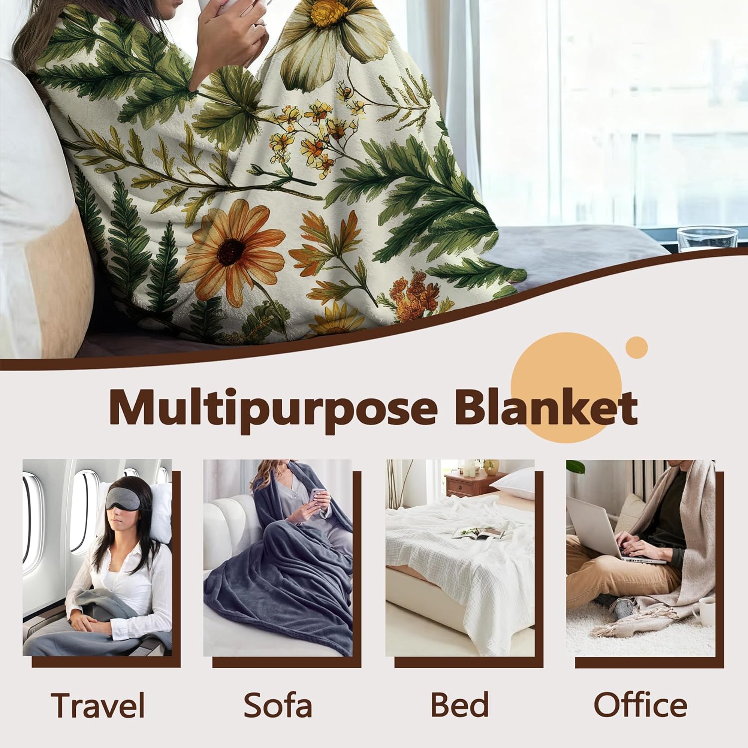 Rustic Herb Leaf Throw Blanket for Couch Home Decoration,Wildflower Cozy Fluffy Blanket,Decorative Flannel Fleece Fall Throw for Sofa Living Room Travel,Camping,Naps,Reading50 X 60 Inch